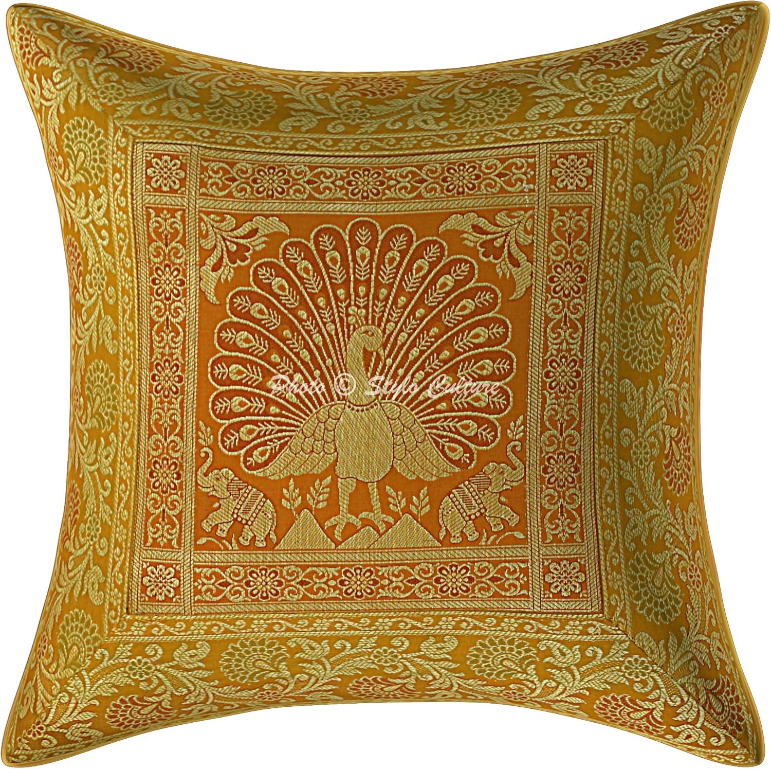 Ethnic Decorative Couch Sofa Toss Throw Pillow Cases 40x40 cm Brocade Bedroom Mustard Yellow Peacock Jacquard Square Luxury Zippered Bohemian 16x16 Inch Cushion Covers - 5 Pcs