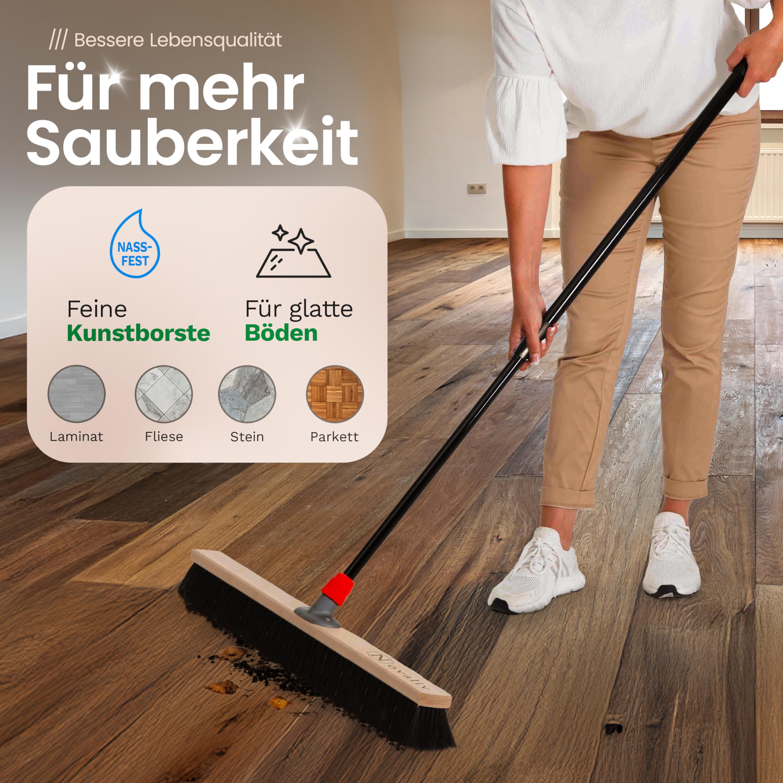 Novaliv Grosser Besen 2X Saalbesen 100 cm mit Teleskopstiel Borsten Kunstborsten Besen fein Werkstattbesen mit Stiel Hallenbesen Industriebesen Hausbesen Kehrbesen Zimmerbesen Haarbesen Besen Groß