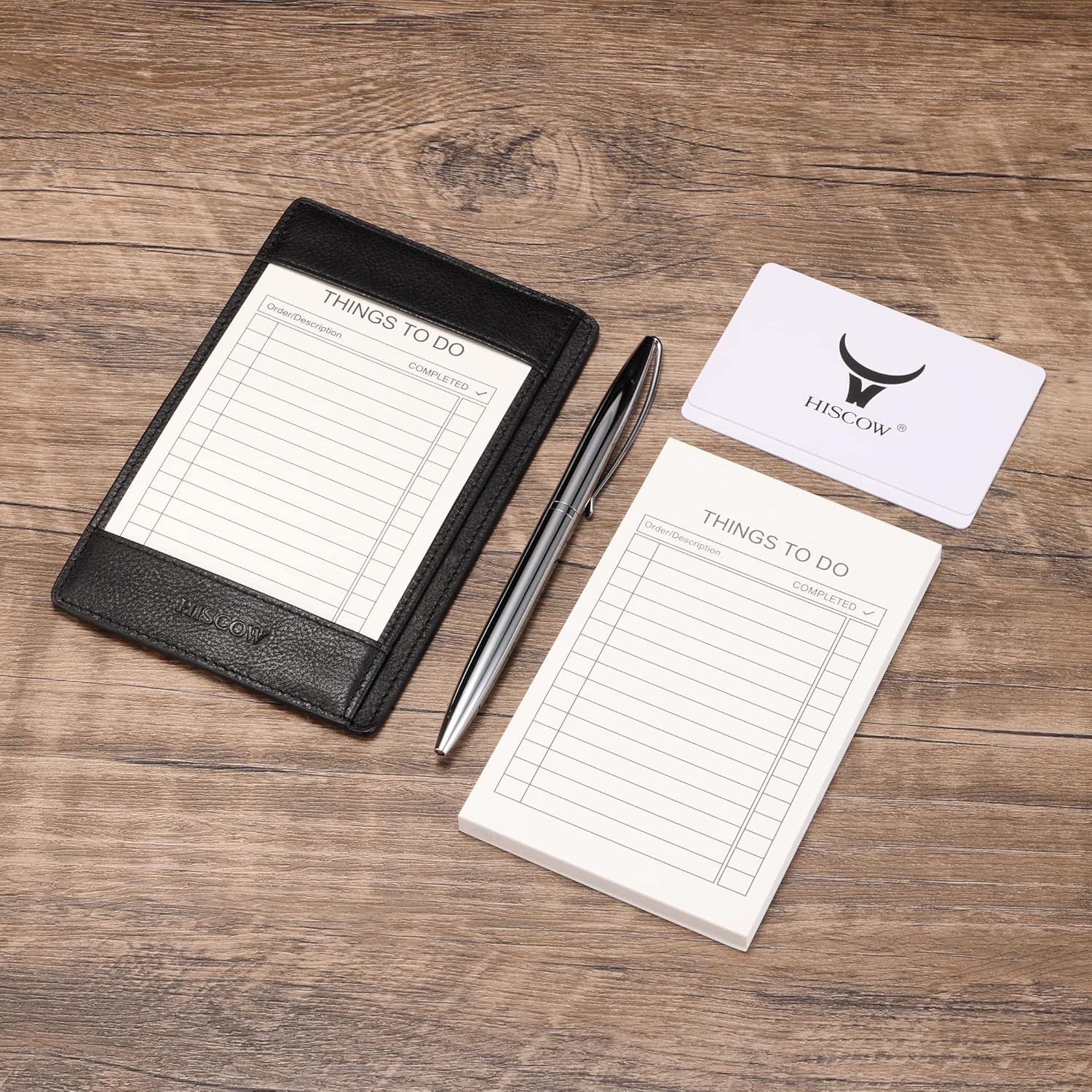 HISCOW Italian Leather To Do List Notepad & Pocket Notebook - 3x5 Memo Pad with Secure Pen Holder, Refillable Note Jotter Organizer for Work & Travel, Vintage Black