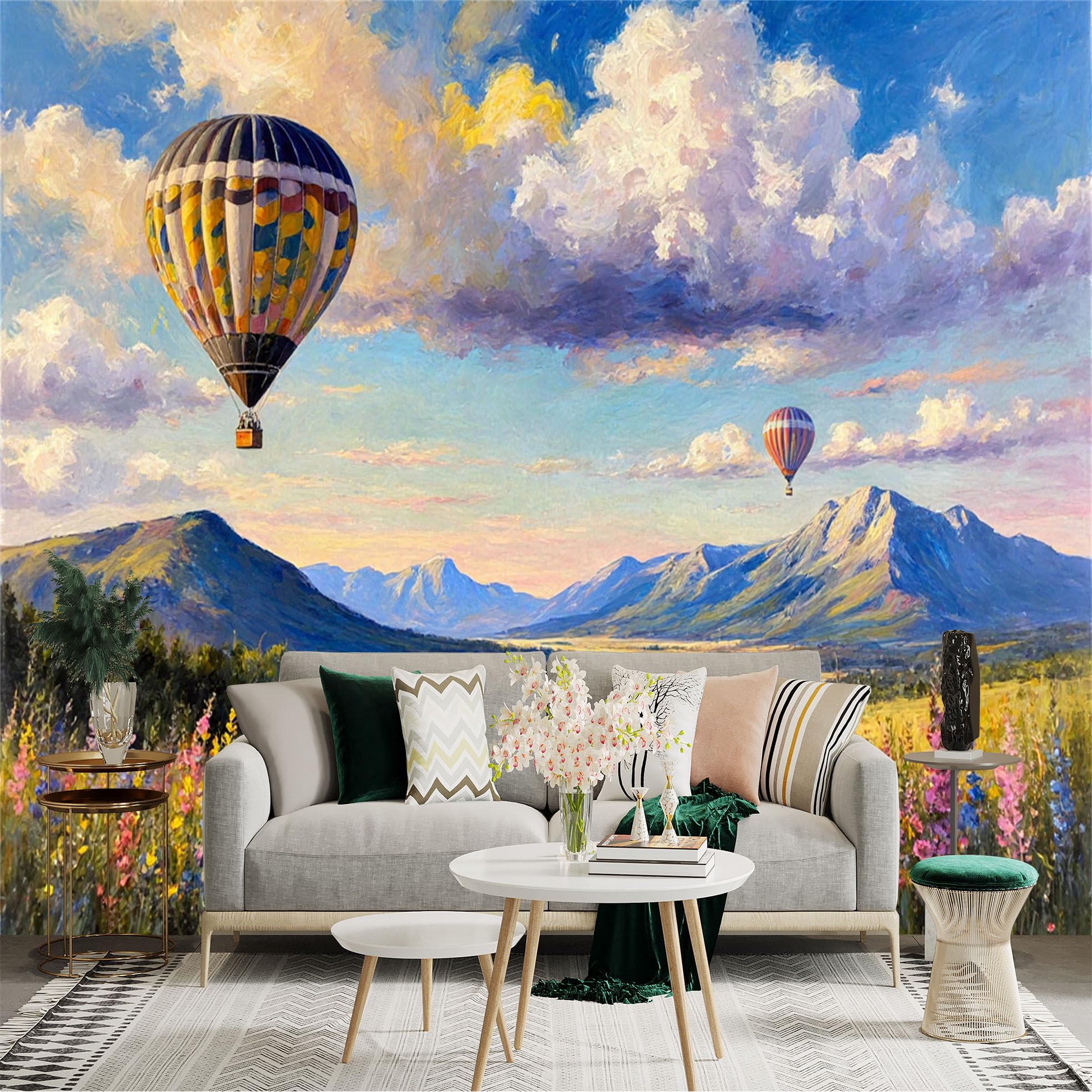 Custom Size Wall Sticker Mural， Hot Air Balloons Over Mountain Valley， Vibrant Oil Painting Style Landscape， Blooming Wildflower Field， Sunny Cloudscape， For wall decoration， peelandstick wall decals.