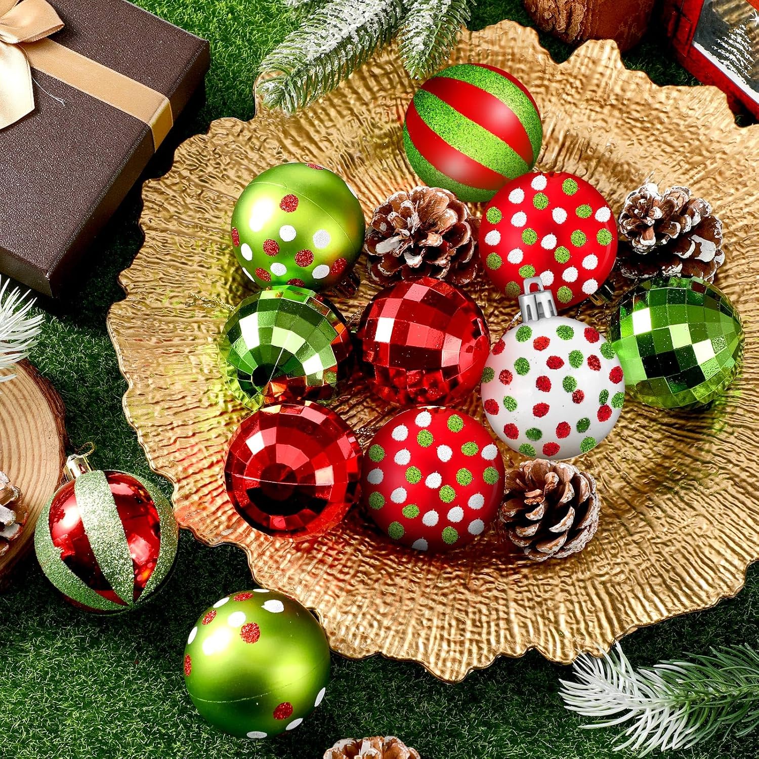 Beeveer 12 Pcs 2 Inch Christmas Ball Ornaments Red Green White Glittering Plastic Hanging Decorations Shatterproof Elf Balls Swirl Candy Cane Peppermint Pendants for Xmas Tree Decor