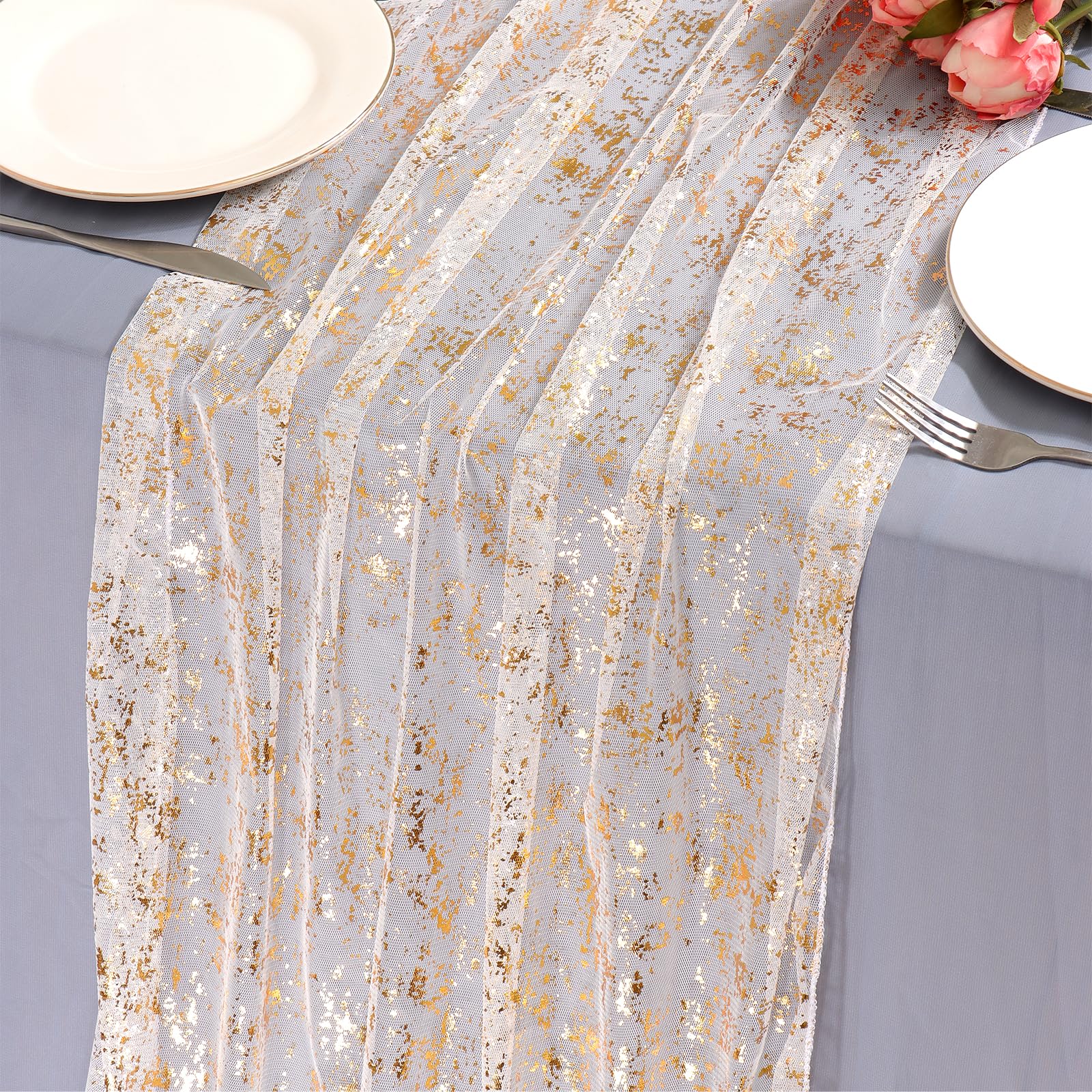 LOMOHOO Camino de Mesa Dorado, 70 x 300 cm, con lámina Dorada, Camino de Mesa Decorativo Dorado, Camino de Mesa Boho Brillante, decoración de Mesa para cumpleaños Fiestas bautizos Bodas Doradas