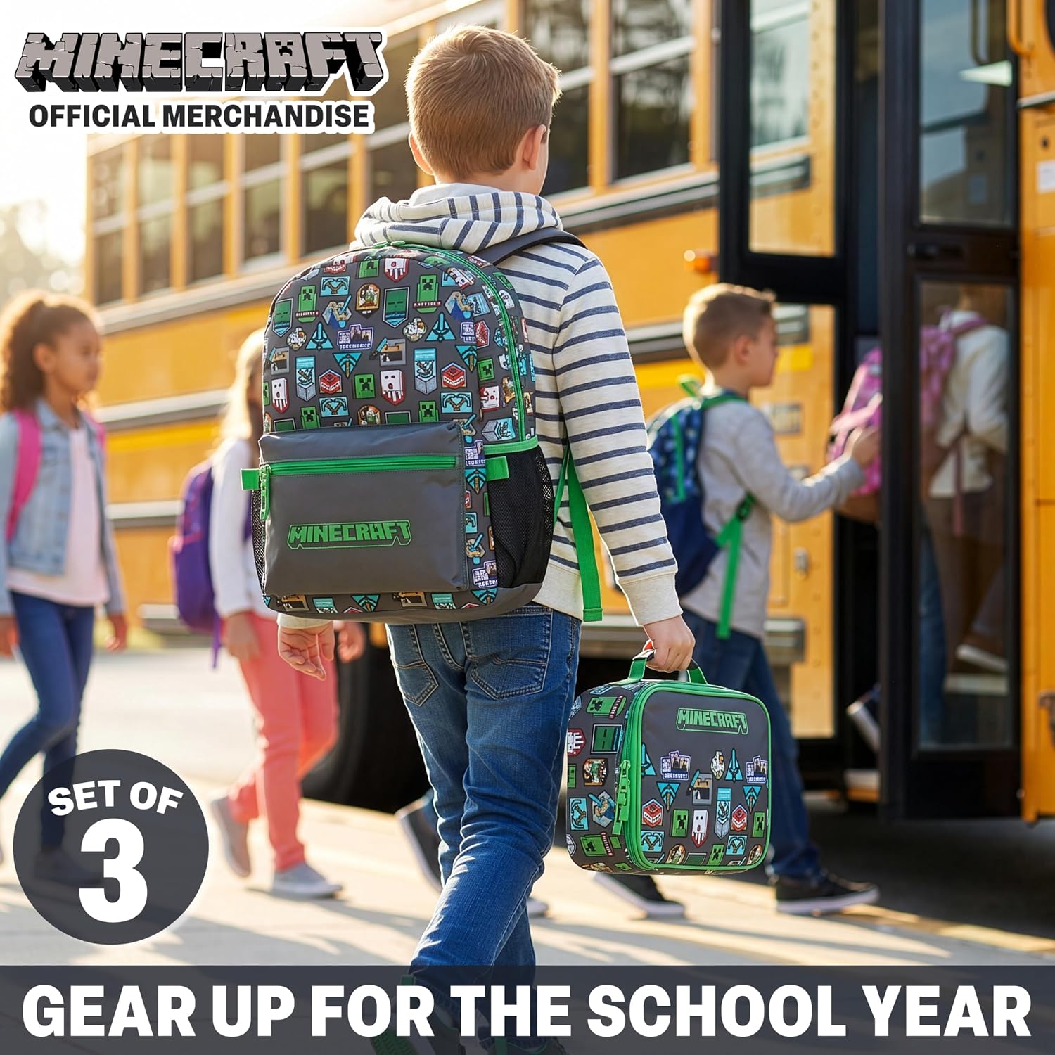 Get Trend Minecraft Kids Backpack Set for Boys with Insulated Lunch Bag & Pencil Case, 3 Pc Book Bag with Padded Straps for School, Travel, Creeper Gamer Gifts for Boys (Grey/Green Minecraft)