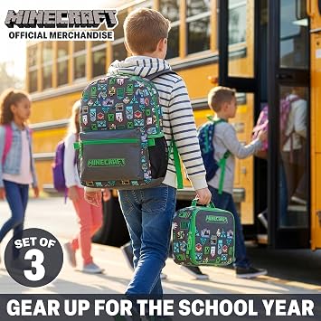 Get Trend Minecraft Children's Backpack Set, School Case and Isothermal Lunch Bag, Complete School Backpack, Children's Set for School, Travel and Leisure, Grey/Green Minecraft, 3 Piece Backpack Set