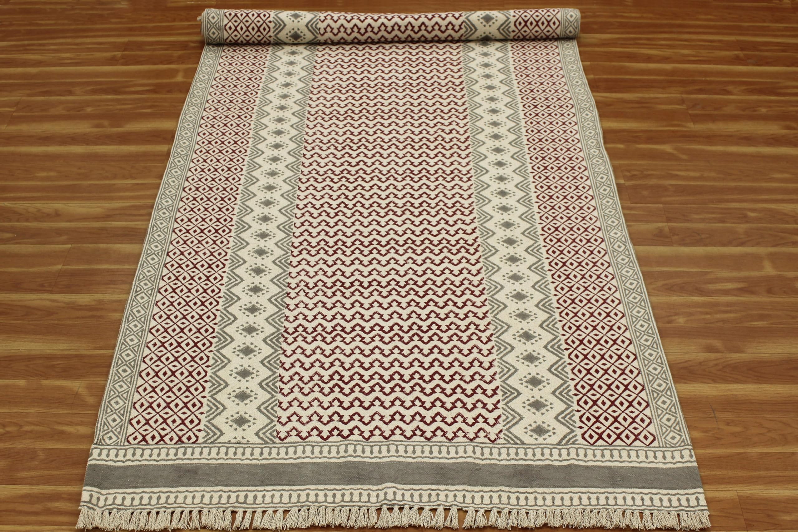 Kelim-Läufer, 2,6 x 18 cm, roter und Grauer Flachgewebe-Läufer für drinnen und draußen, 0,19 Zoll, steinwaschbarer Baumwollteppich, Boho-Teppiche für Küche, Eingangsbereich