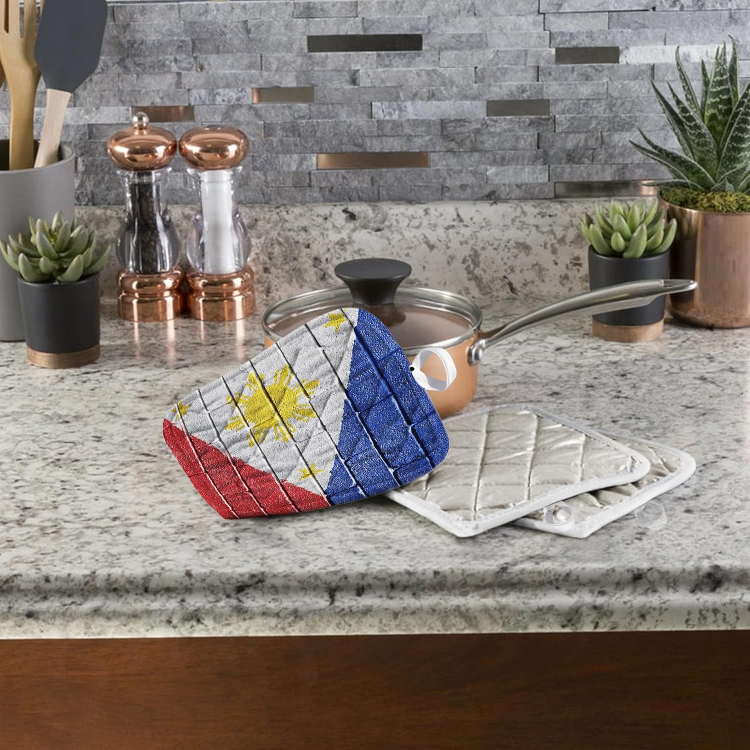 3D Rose National Flag of Philippines Painted onto A Brick Wall Filipino Pot Holder, 8 x 8