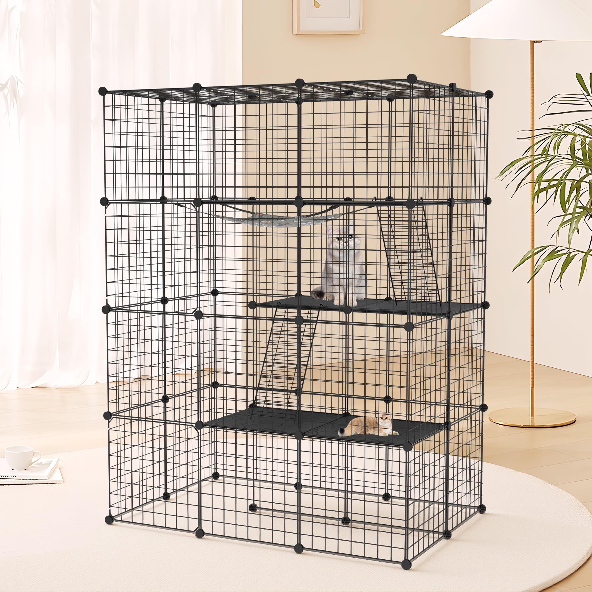 FIVMEN Großer Katzenkäfig 4-Stöckige aus Metall mit 2 Leitern und 1 Hängematte DIY Katzenlaufstall Katzengehege Outdoor Abnehmbarer Freigehege Katzen Katzenauslauf Kleintierelaufstall, 110x74x146 cm