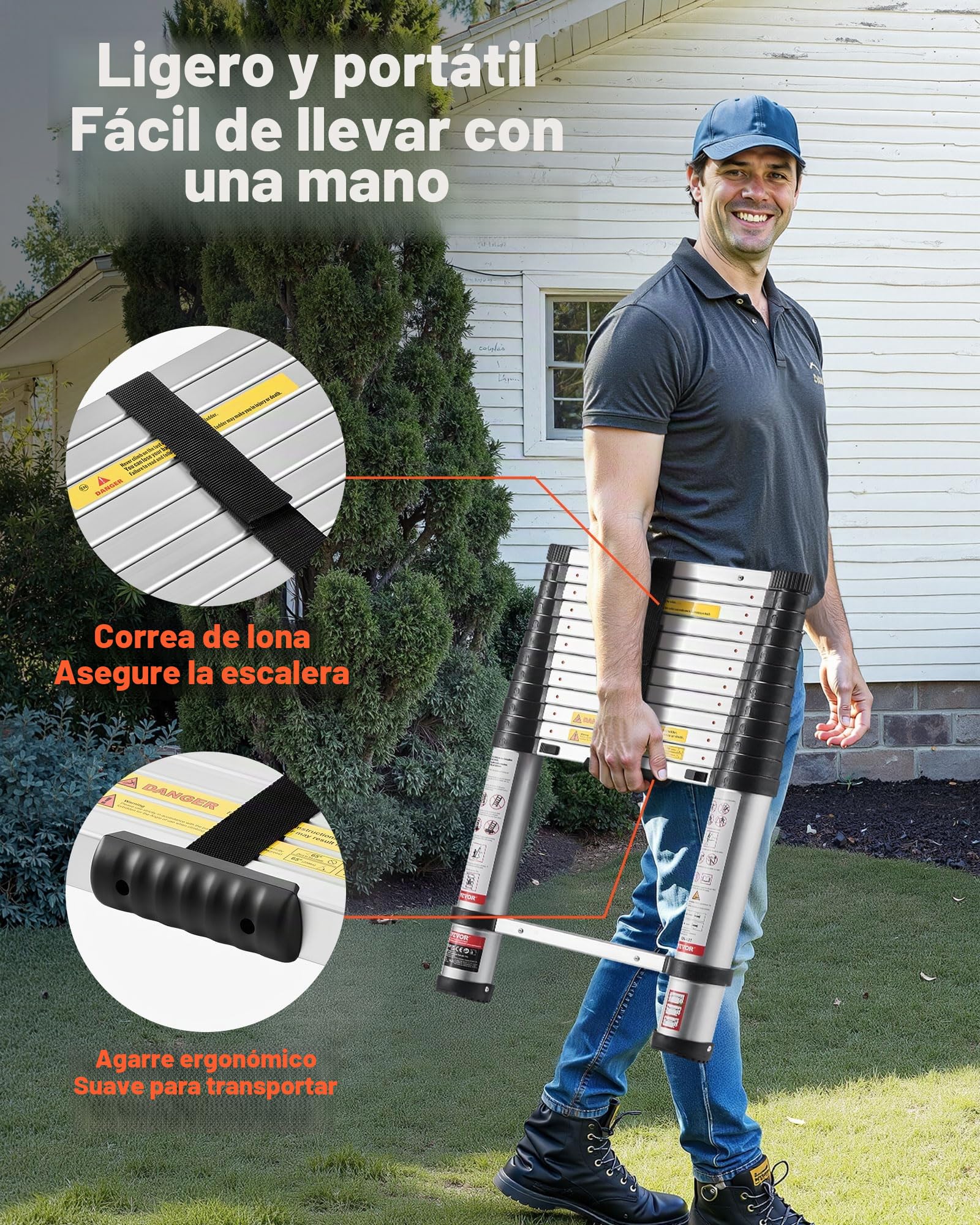 VEVOR Escalera Telescópica de Aluminio 374 cm, Escalera de Extensión Plegable con Sistema de Retracción de Un Solo Toque, Soporta hasta 150 kg, con Pies Antideslizantes, para Hogar, Ático, Jardinería