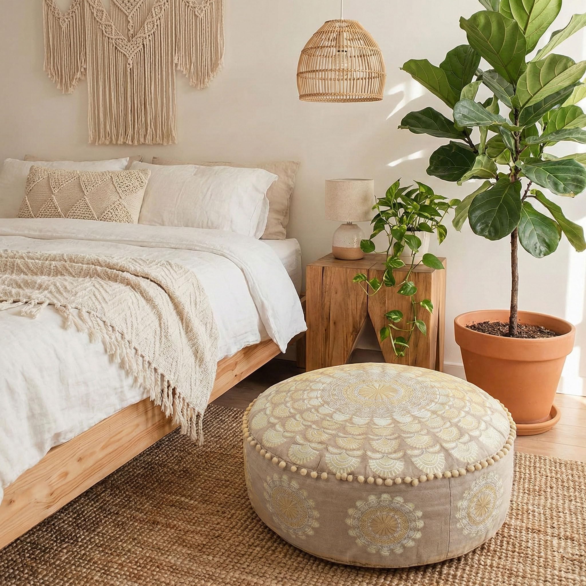 Mandala Life ART Fodera per cuscino da pavimento rotondo bohémien - 60x20 cm - 100% cotone - Custodia pouf per pouf per soggiorno, camera da letto, patio e altro (Beige, 60x20cm)