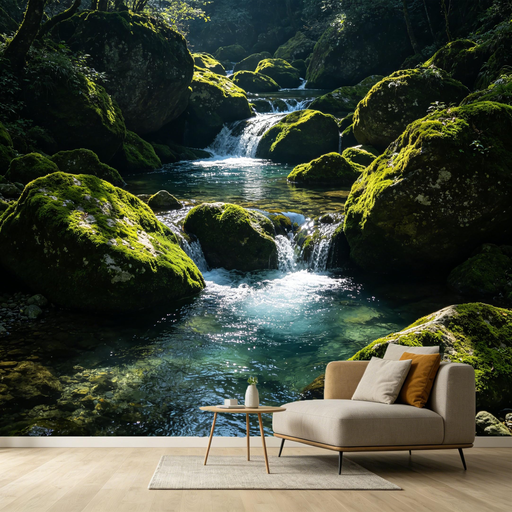 Custom Size Wall Murals Mountain Lake Forest Landscape 3D Trompe L'Oeil Sunlit Stream Rocks SelfAdhesive Wall Fabric Removable Large Wallpaper for Photo Living Room