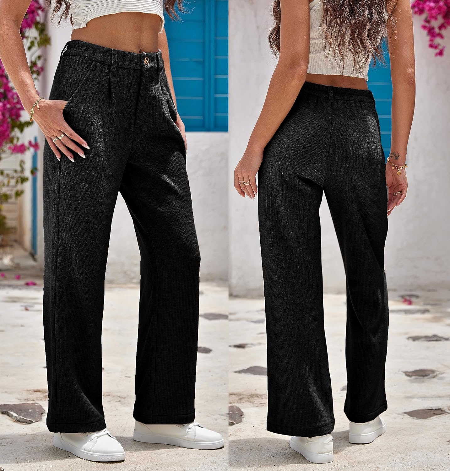 heipeiwa Women's Fleece Lined Winter Thermal Flannel Knit Wide Leg Pants Trouser Casual Dressy Outfit - Image 4