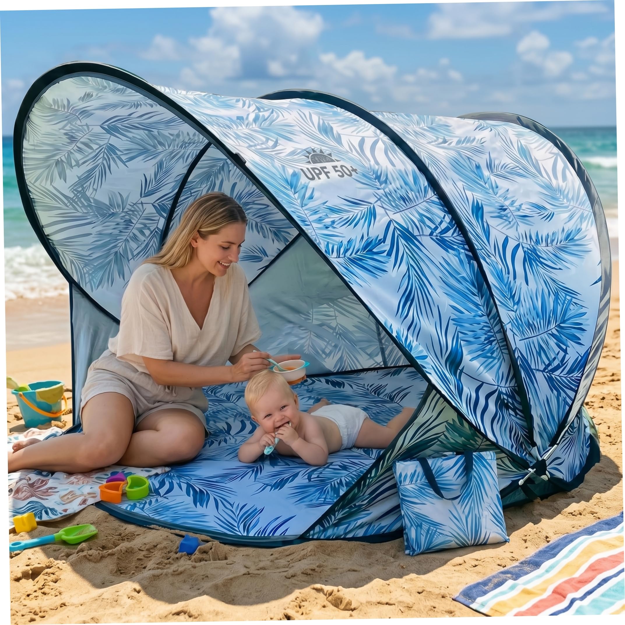 Tente de Plage Bleue pour 2 Personnes UPF 50+, abri Solaire pour Nourrissons et Tout-Petits, auvent pour Plage, Parc, Voyage
