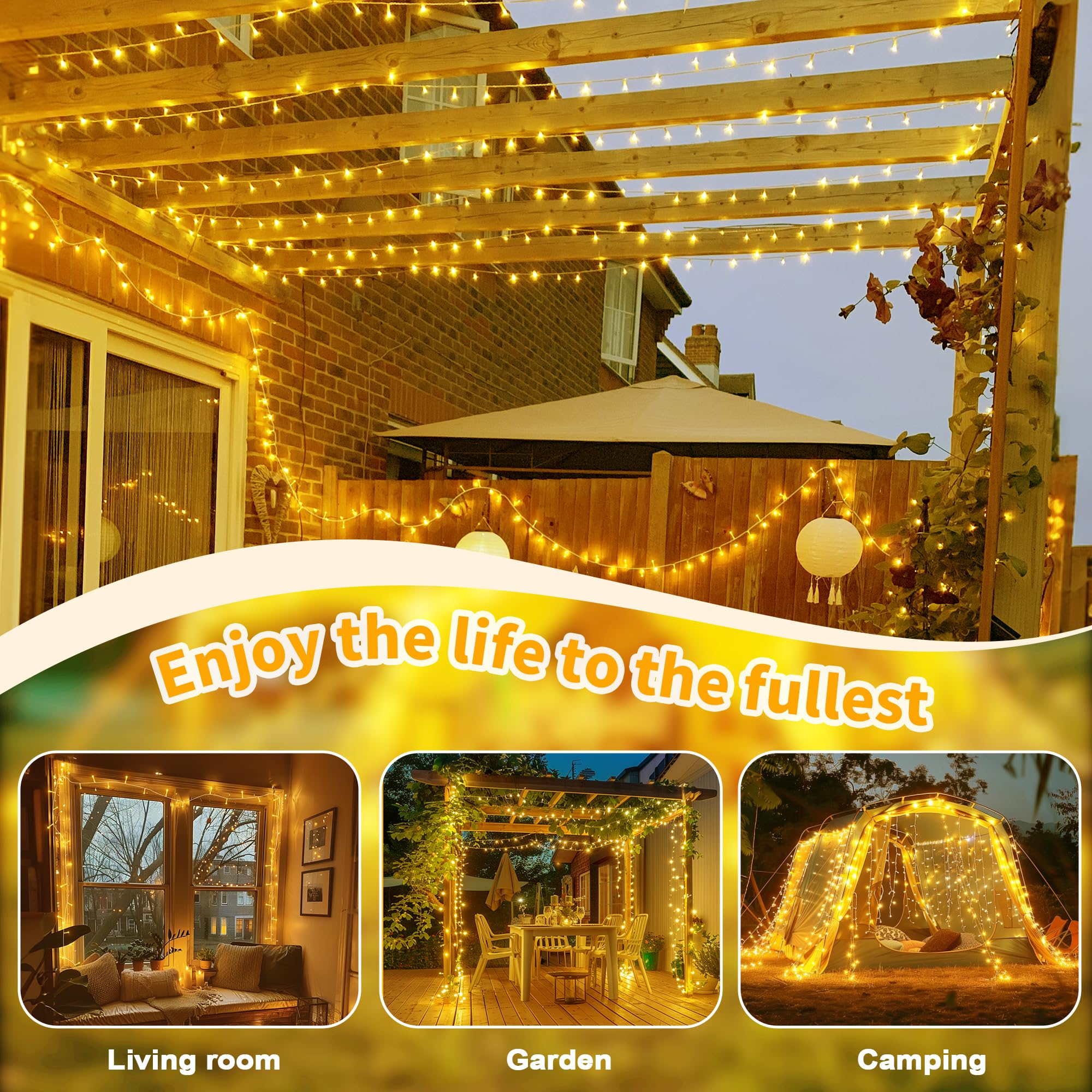 Auriostar Luci LED a Batteria, 20m 200LEDs Catena Luminosa Esterno 8 Modalità,Impermeabile IP44 Luci Natale Esterno e Interno Batteria, Luci Albero di Natale per Festa,Giardino (Bianco Caldo, 200LEDs)