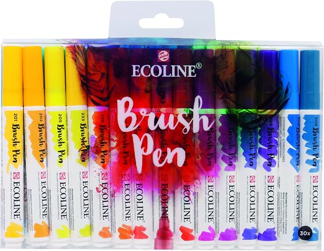 Royal Talens Ecoline Liquid Watercolour Drawing Painting Brush Pens - Set of 30 in Plastic Wallet