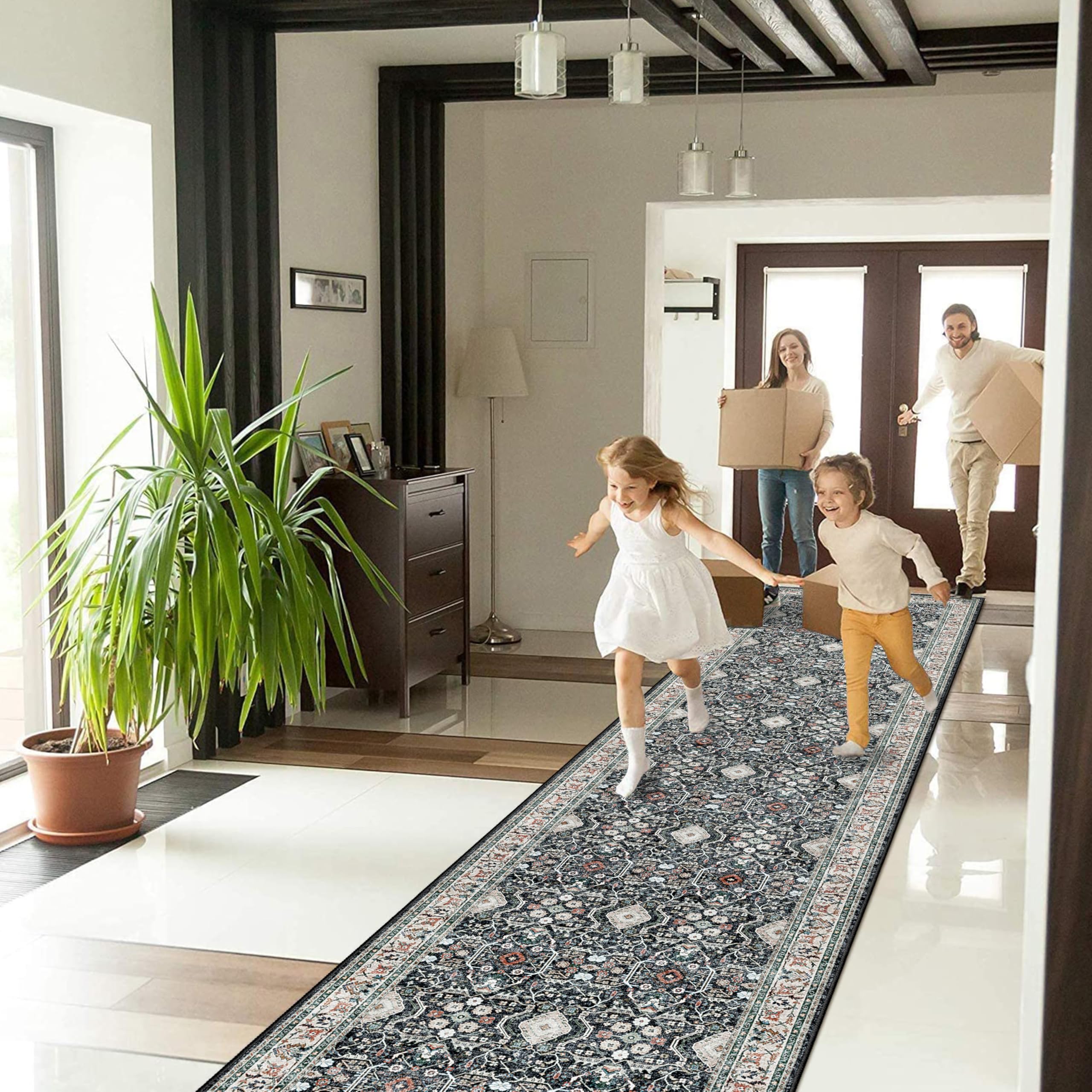 2x12 Non Slip Runners for Hallways: Washable Long Ultra Soft Kitchen Rug Vintage Floor Mat for Living Room Bedroom Accent Farmhouse Door Mat for College Dorm Stain Resistant Area Rug (Black, 2x12)