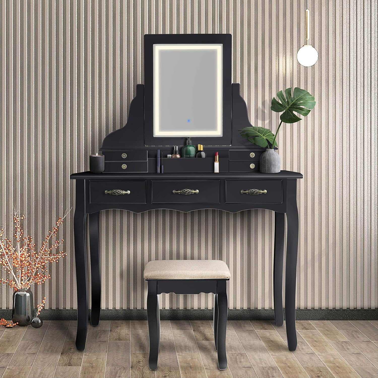 SCYL Color Your Life Vanity Table Set with Lighted LED Mirror,7 Drawers Makeup Dressing Table with Cushioned Stool,Easy Assembly (Dark Black)