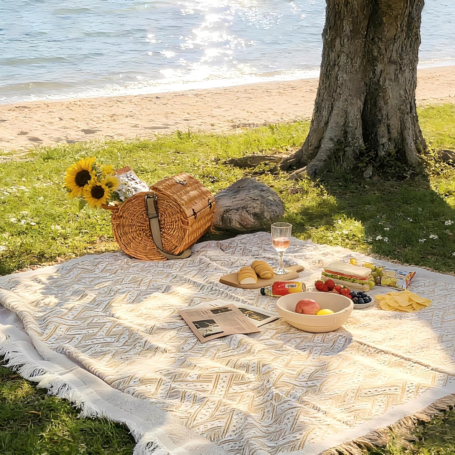 Outdoor Picnic Blanket Sandproof - Portable Lightweight Blanket T-Grid Picnic Mat for Beach, Camping, Park, Lawn, Concert & Wedding Photoshoot Indoor Bohemian Decor Machine Washable（70.8x90.5inch）