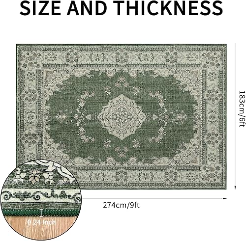 Miniatura 2 de Alfombras de área lavables de 6 x 9: alfombra oriental suave para sala de estar y dormitorio, no se desprende, alfombra fina de pelo bajo para Verde