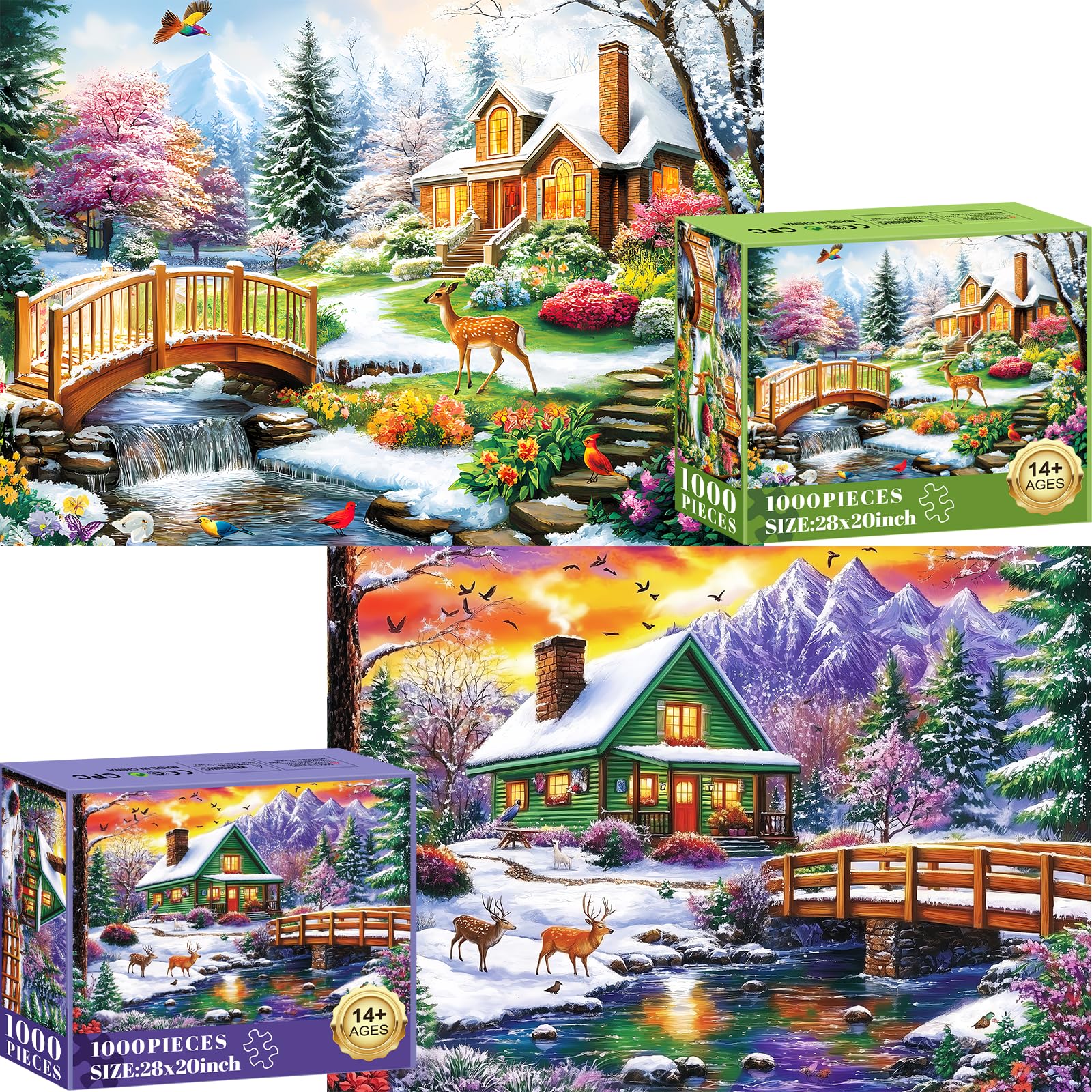 2 Pack 1000 Piece Jigsaw Puzzles, 1000 Pieces Puzzles for Adults, Winter Snow Puzzle, Fawn Jigsaw Puzzles 1000 Pieces Set, Creative Play Holiday Party Gifts Artwork Wall Home Decor, 28×20 in