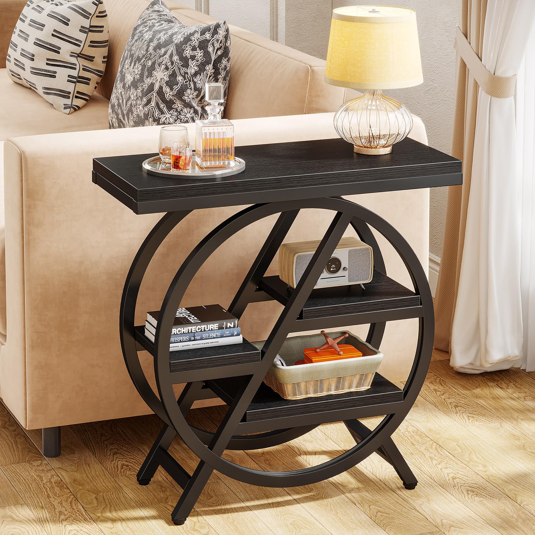 Tribesigns End Table for Living Room, 3-Tier Narrow Side Table with Storage, Wood Sofa Side Table with Geometric Metal Frame, Industrial Nightstand and Bedside Table for Bedroom, Black