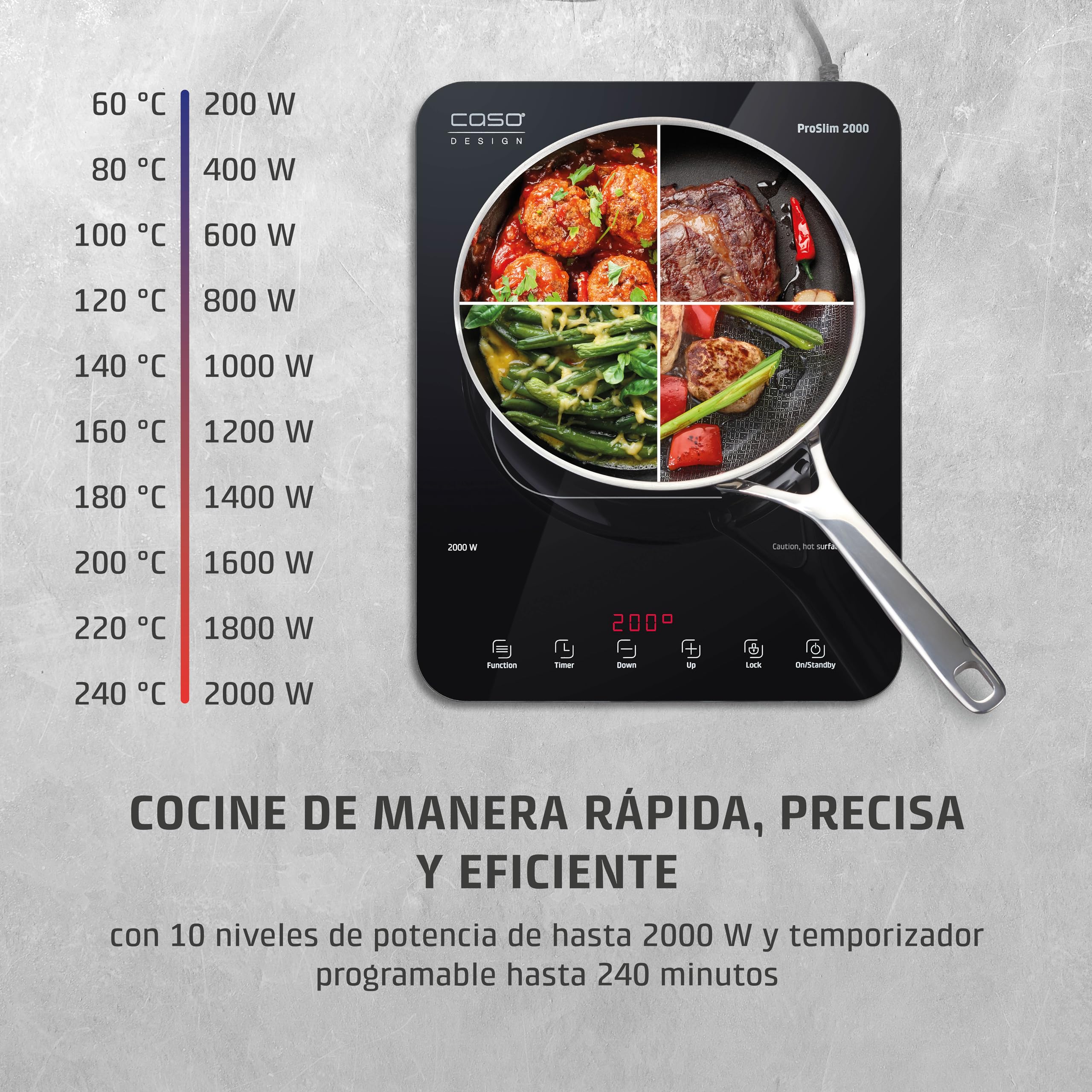 CASO ProSlim 2000 - Placa de Inducción portátil con 10 niveles, Control Táctil, Cocina para camper, viajes y campings, Detector de Sartenes,Control Seguridad niños, 39x29x3 cm, 2,3kg - negra