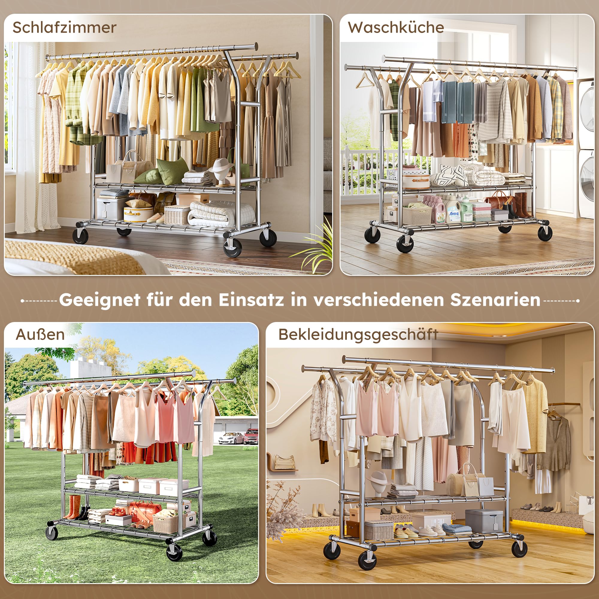 128-189cm Ausziehbare Kleiderständer auf Rollen mit 2 Lagernetzen | 200 kg Traglast, 128-189cm Ausziehbare Kleiderständer,151-175cm Höhenverstellbar Kleiderstange für Kleider,Jacken,Verchromt