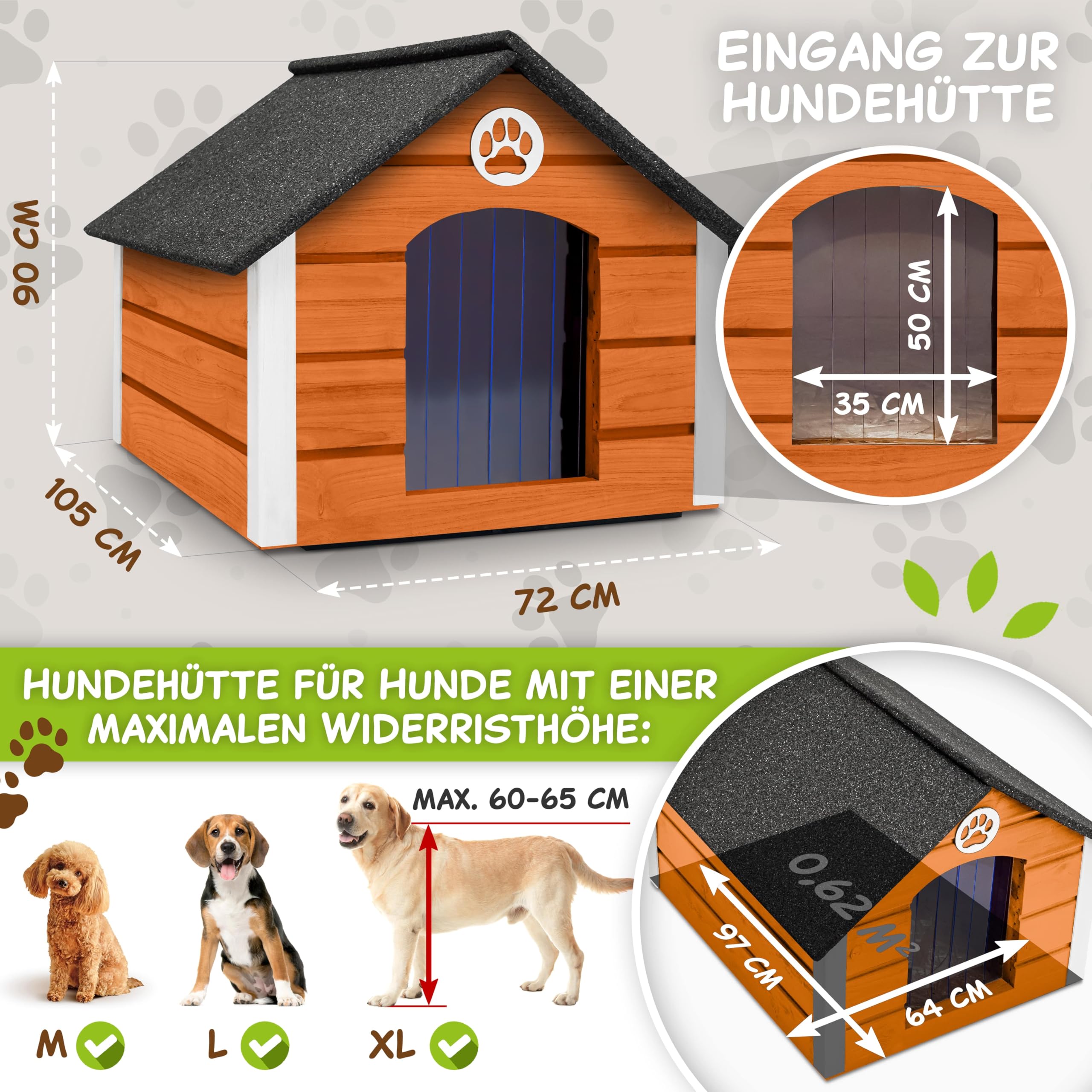 Outentin Hundehütte Outdoor Isoliert - Hundehaus für Große Hund - Winterfest und Wetterfest - Hunde Haus für Draußen mit schrägem Dach - Stabile Villa und Moderne Design - 103 x 90 x 70cm-Teak