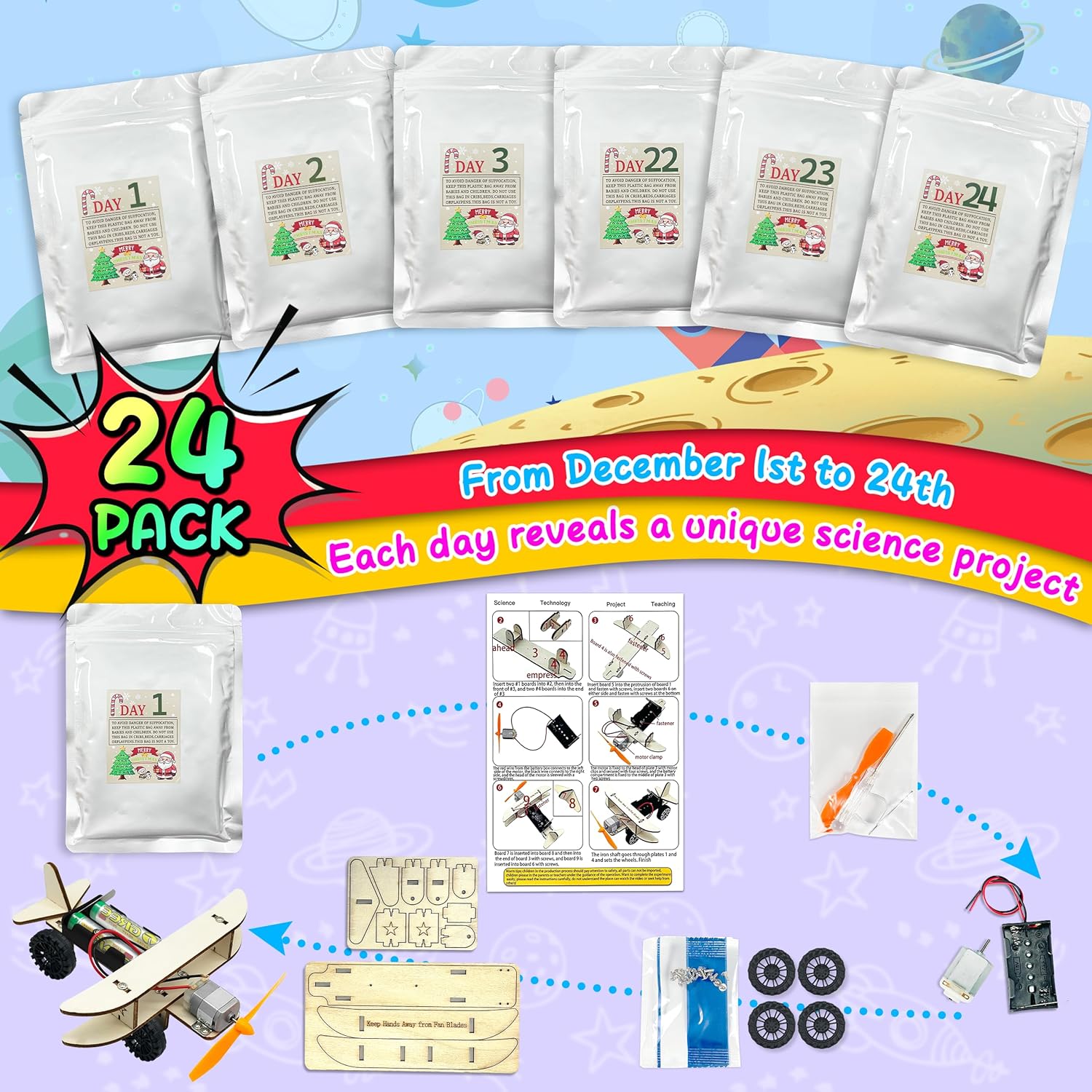 Kortes 24 Days STEM Advent Calendar 2025 for Christmas Countdown, Science Building Project Craft for Ages 8 9 10 11 12, 3D Wooden Model Kit, STEM Toys for Kids Classroom Christmas Advent Gifts