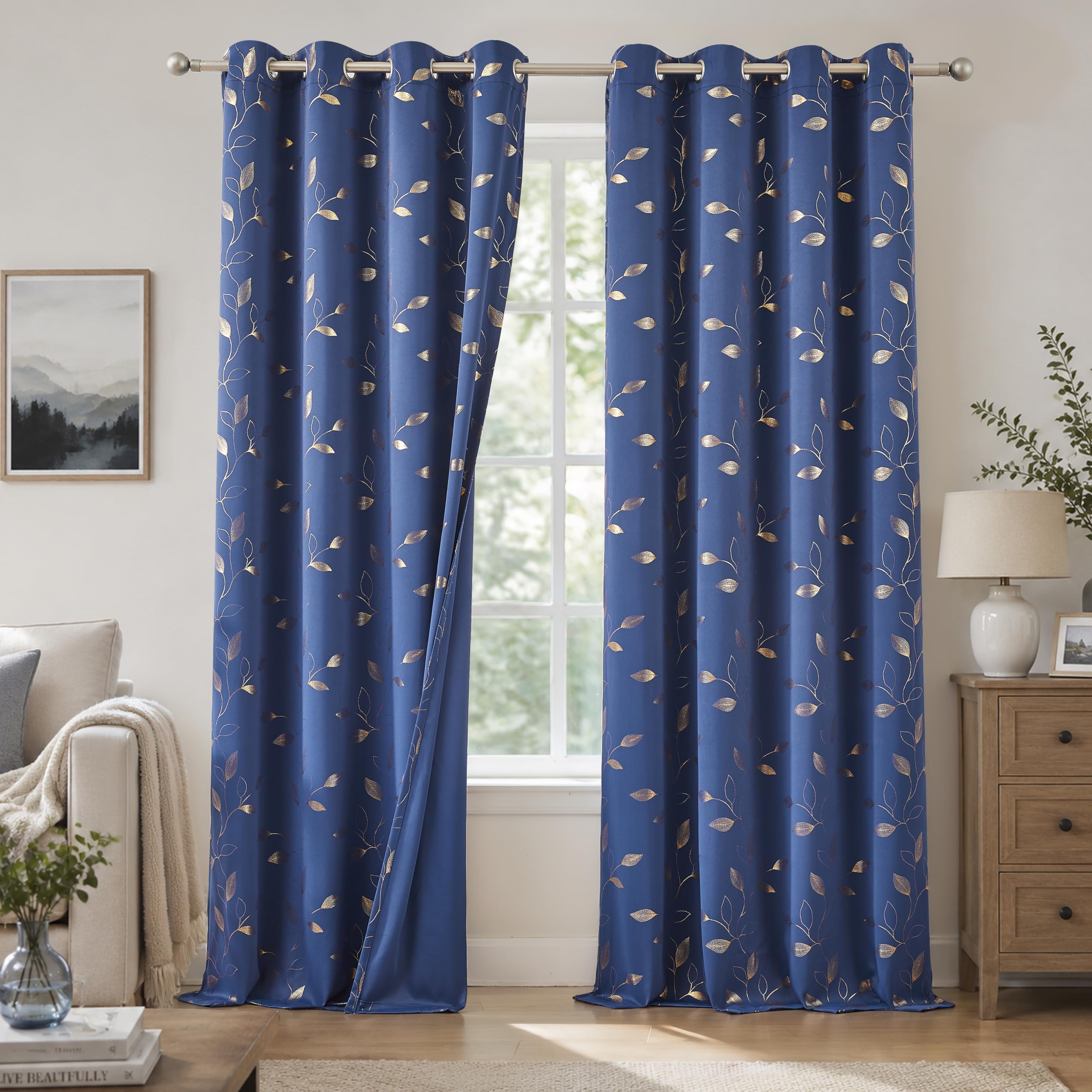 Bujasso Navy Blackout Curtains Print Golden Leaf Patterned 54"x72" Grommet