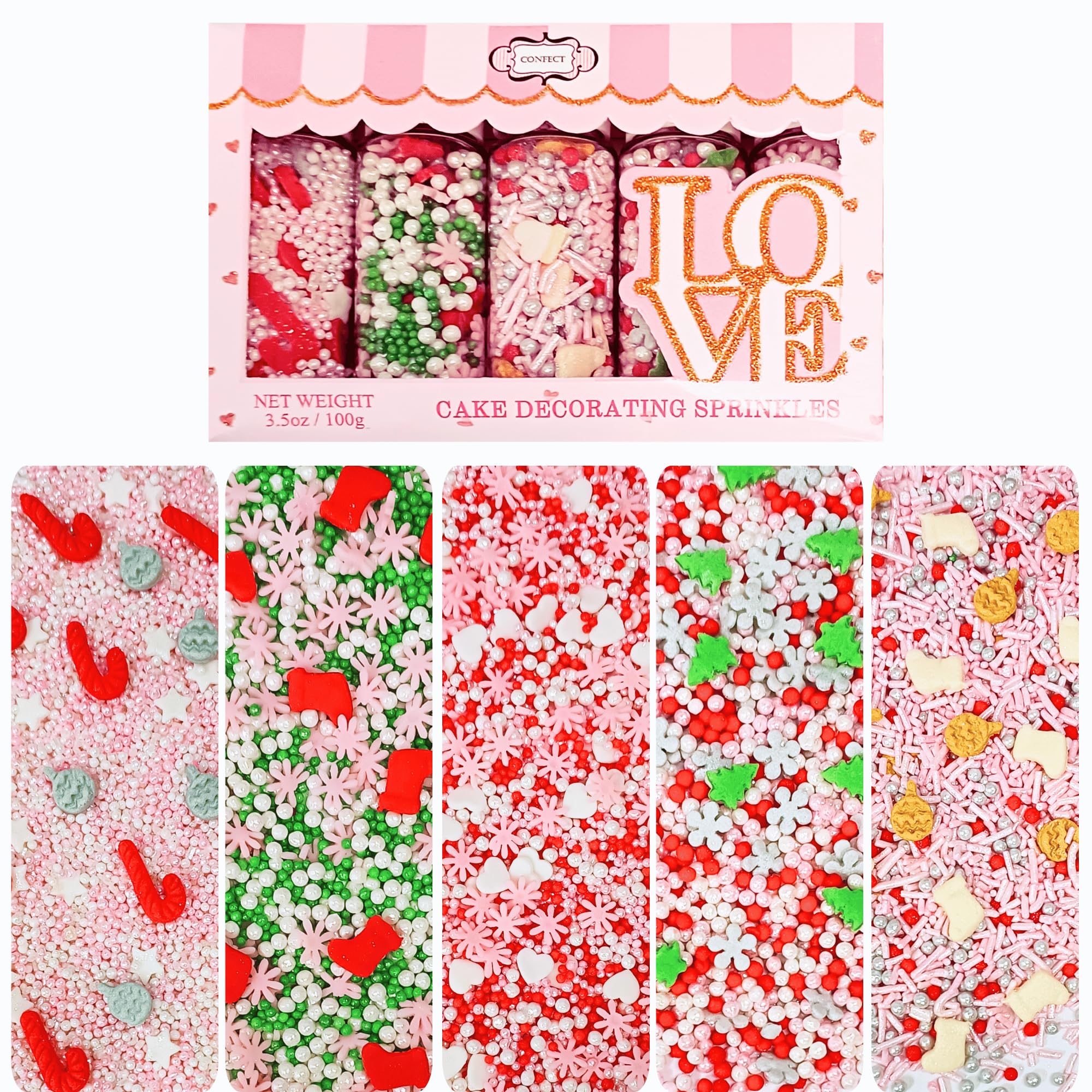 Confect Christmas Sprinkles | Christmas Sprinkles - Green White Silver Pink Pearls Sparkling sugar I Christmas Tree Stocking & Candy Canes for Dessert Decorating