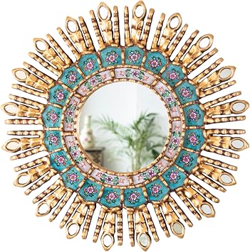 Round Sunburst Wall Mirror | Peruvian Hand Painted Turquoise Glass Mirror with Bronze Leaf Finish | Boho Wall Decor 17.7 Gold