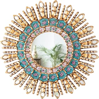 Round Sunburst Wall Mirror | Peruvian Hand Painted Turquoise Glass Mirror with Bronze Leaf Finish | Boho Wall Decor 17.7” (Gold)