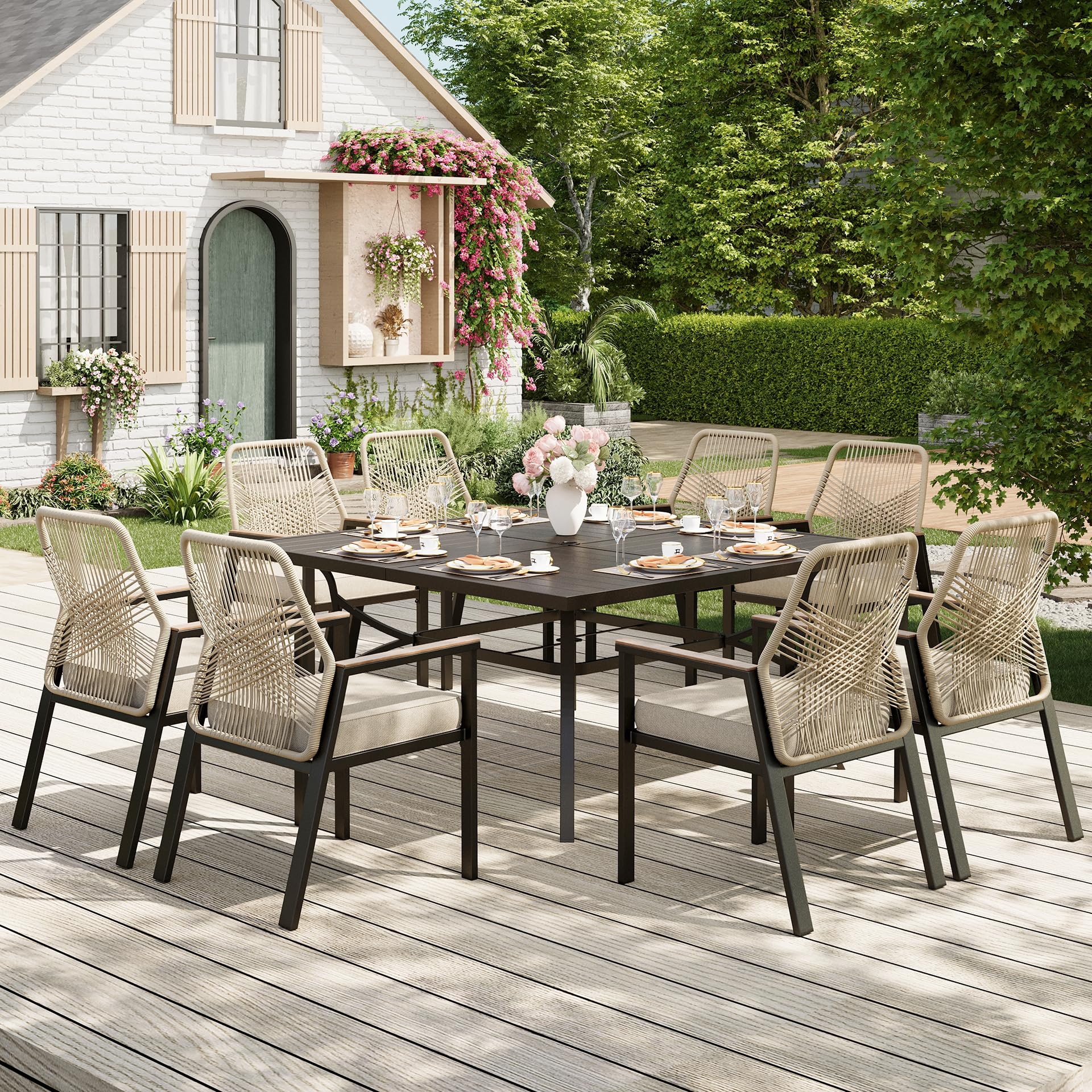 9 Pieces Outdoor Dining Set for 8, Patio Dining Set Wicker Rattan Chairs with Soft Cushion and Square Table with Umbrella Hole, Wicker Patio Table and Chairs for Backyard Porch