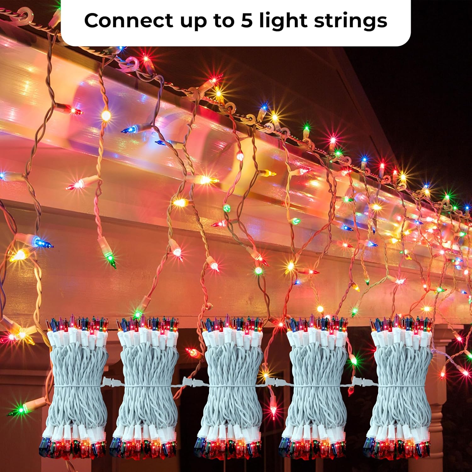 Split image showing Christmas lights used both outdoors on trees and indoors on a Christmas tree