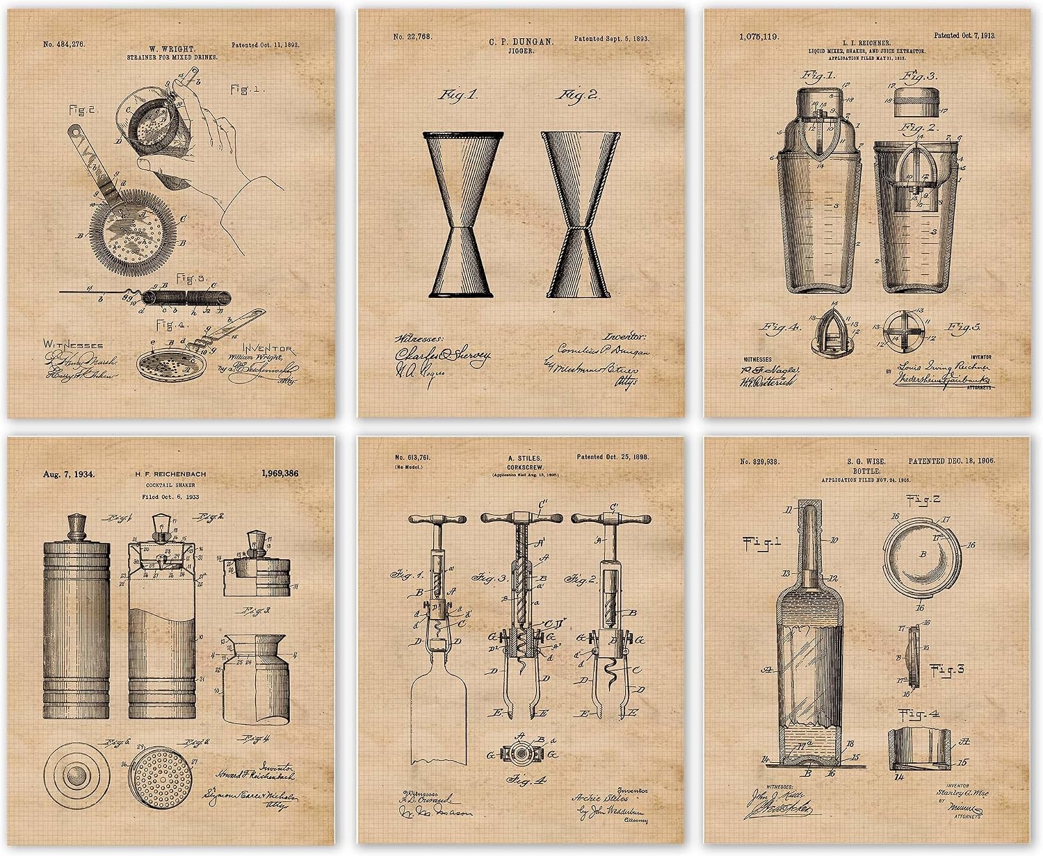 Vintage Wine Barware Patent Prints, 6 (8x10) Unframed Photos, Wall Art Decor for Home Work Office Studio Winery Lounge Vineyard Shop Pub Diner School Student Teacher Coach Bartender Sommelier