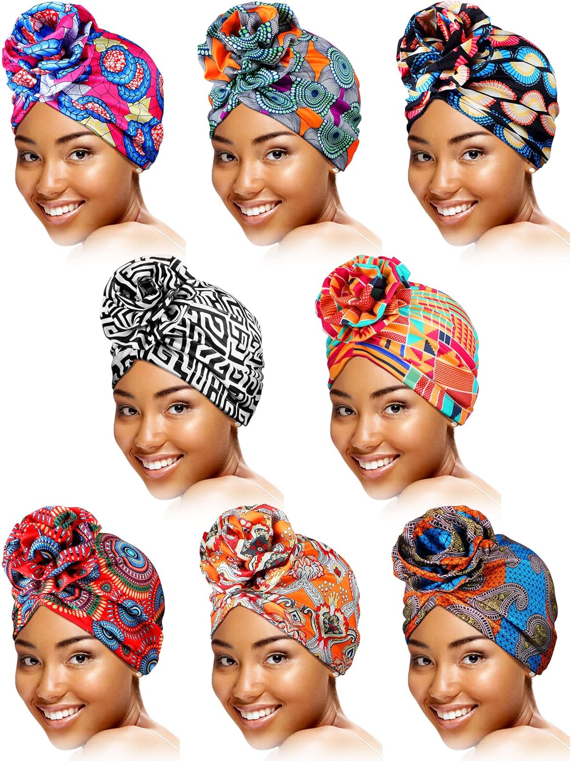 SATINIOR 8 Pcs Women Turban Head Wraps for Women African Pattern Knot Headwrap Bohemian Print Pre Tied Flower Knot Bonnet Hat