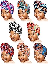 SATINIOR 8 Pcs Women Turban Head Wraps for Women African Pattern Knot Headwrap Bohemian Print Pre Tied Flower Knot Bonnet Hat