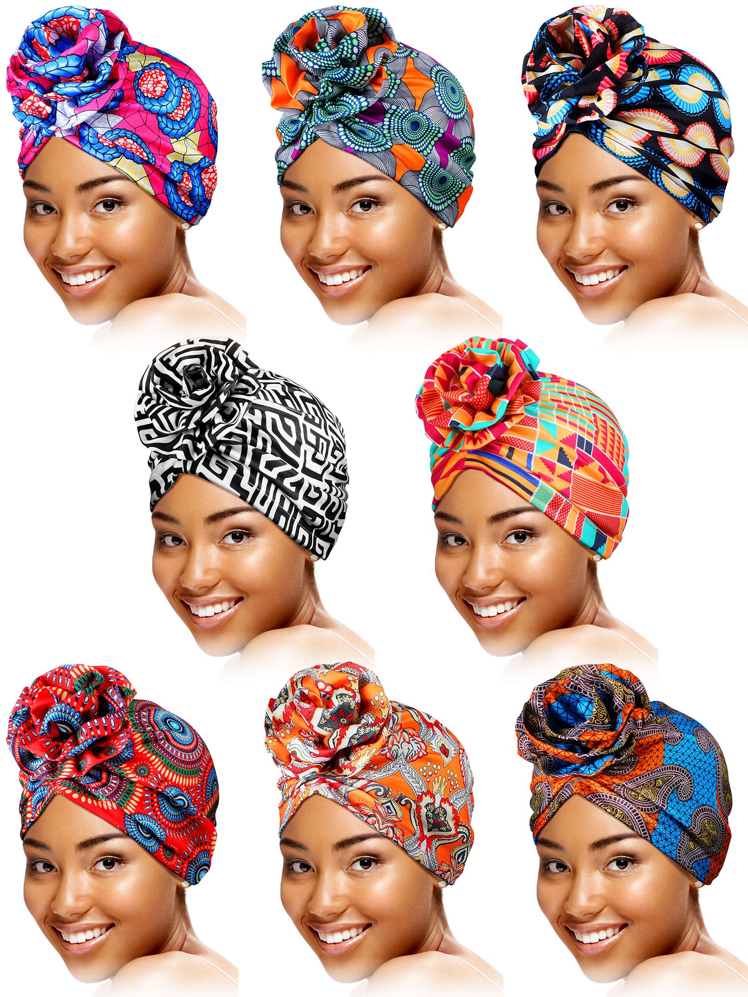 SATINIOR 8 Pieces Women Turbans African Pattern Knot Headwrap Bohemian Print Pre Tied Flower Knot Bonnet Hat for Women Girls