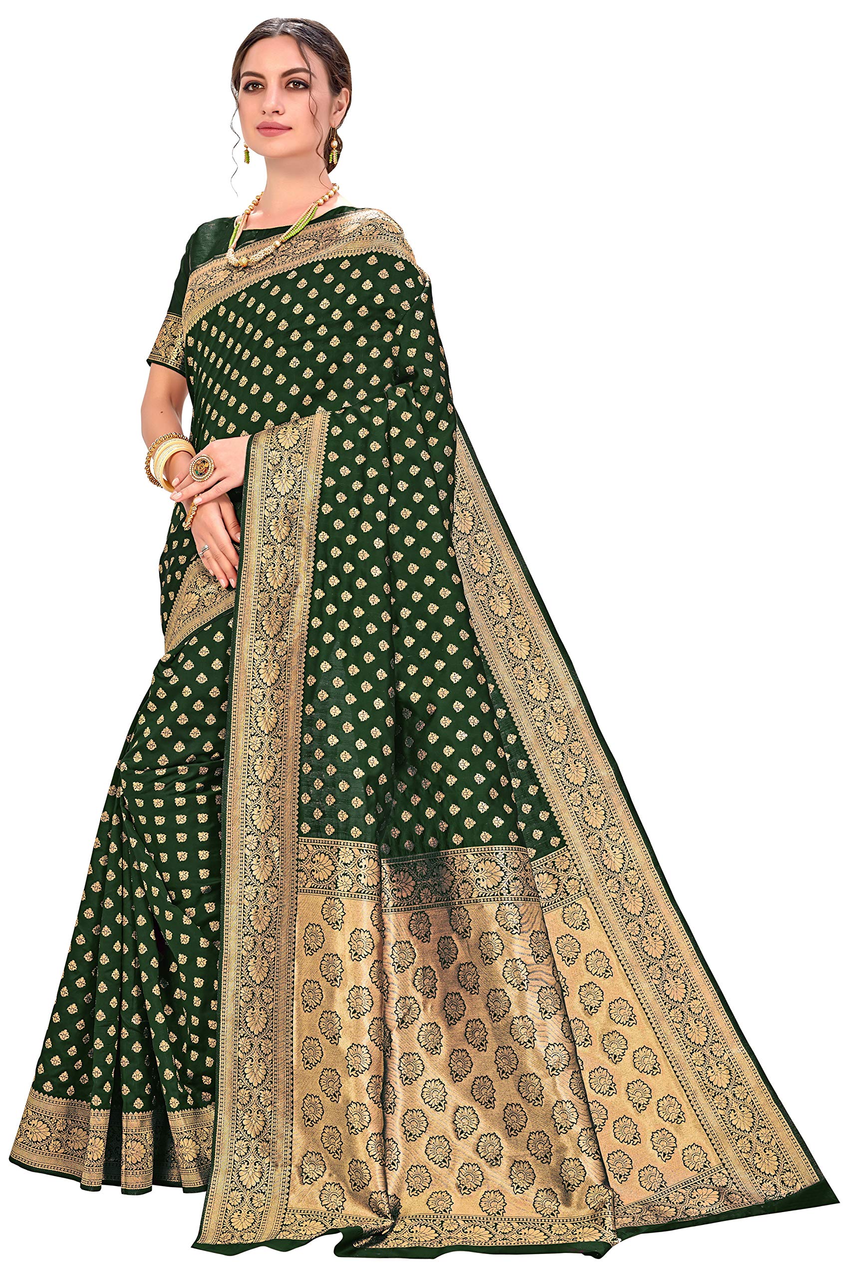 Glory Sarees Women's Woven Pure Soft Kanjivaram Silk Saree Banarasi Style With Blouse Piece for Wedding (kara128_darkgreen_Dark Green)