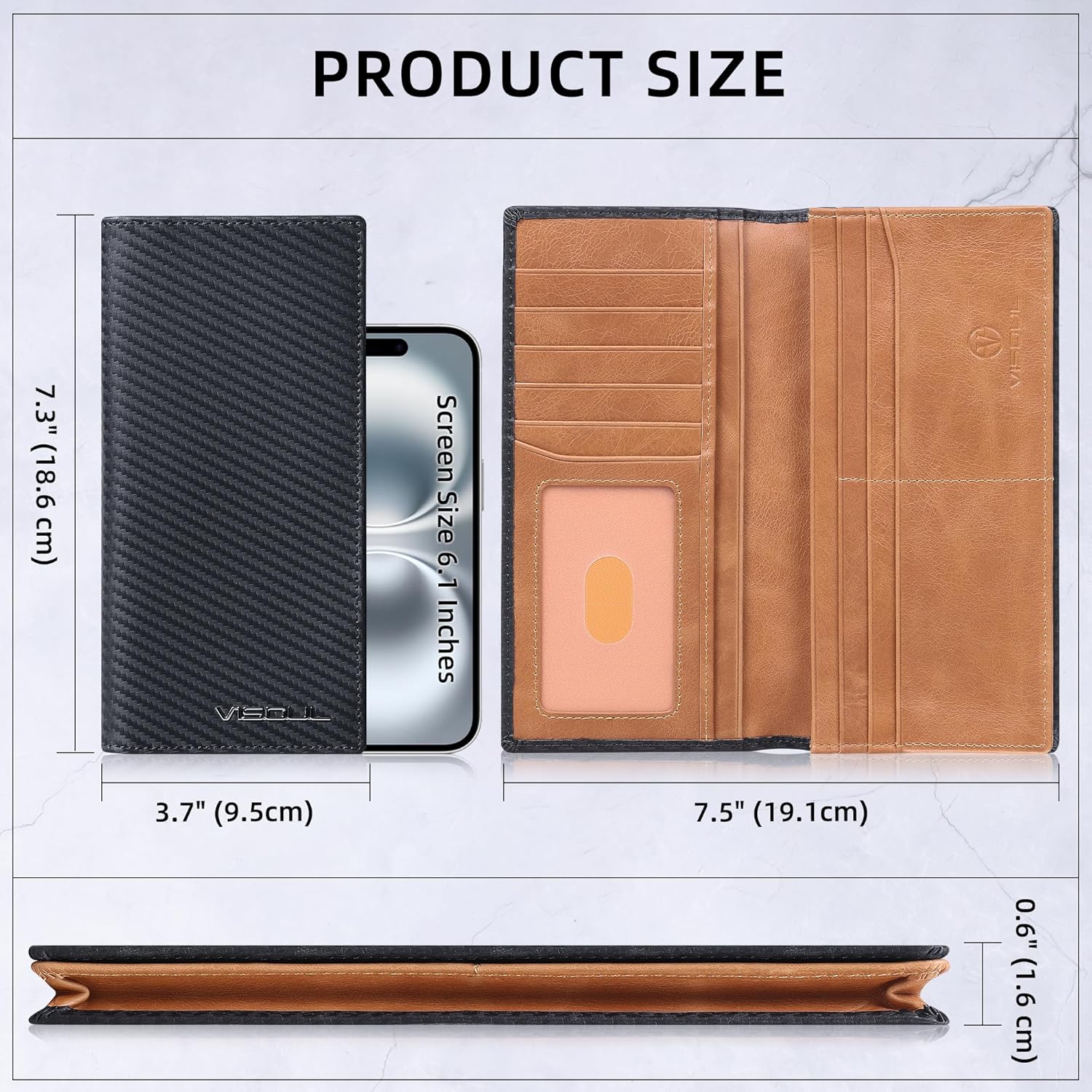 VISOUL Leather Checkbook Cover Wallet for Men with RFID Blocking, Mens Long Bifold Cash Tall Wallet with 11 Credit Card Slots 1 ID Window (Black+Tan)
