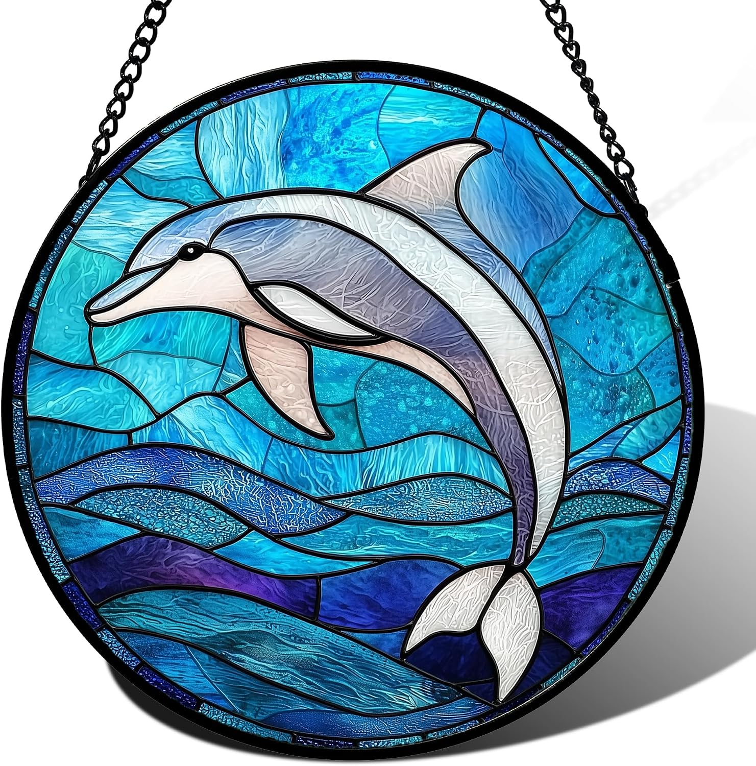 Stained Glass Window Hanging Blue Dolphin Suncatcher Gifts for Women 7.8"