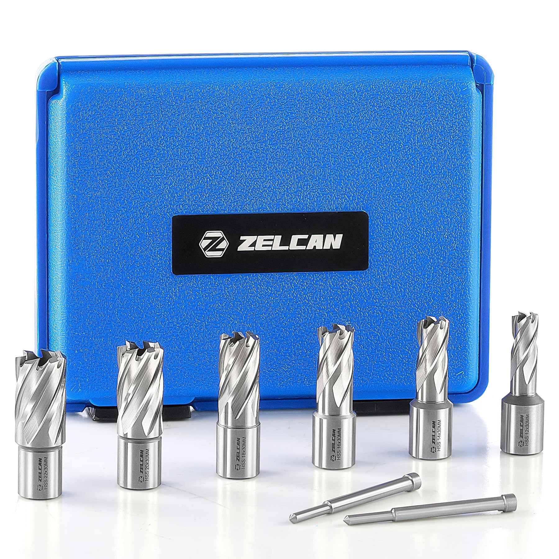 ZELCAN Zestaw wierteł rdzeniowych HSS z trzonkiem Weldon (3/4"), głębokość cięcia 30 mm, zawiera 6 wierteł rdzeniowych 12, 14, 16, 18, 20, 22 mm i 2 trzpienie wyrzutnika, 8-częściowy
