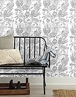 Vista 5 de Blooming Wall Papel tapiz autoadhesivo y elegante con hojas de lirio de loto, color blanco y negro, para decoración de pared