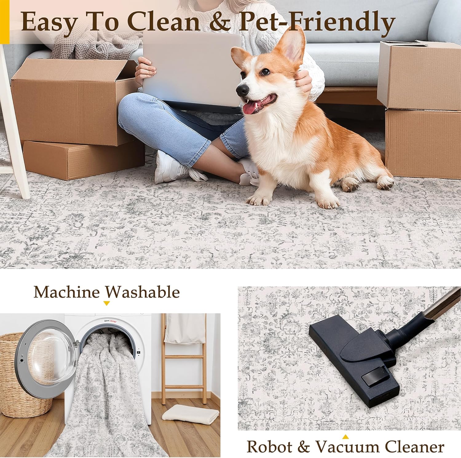 Gray Area Rug 5x7 Machine Washable Vintage Living Room Distressed Non Slip Carpet Traditional Indoor Bedroom Grey Retro Floral Accent Throw Large Rug for Office Kitchen Bathroom Dining Room - Image 4