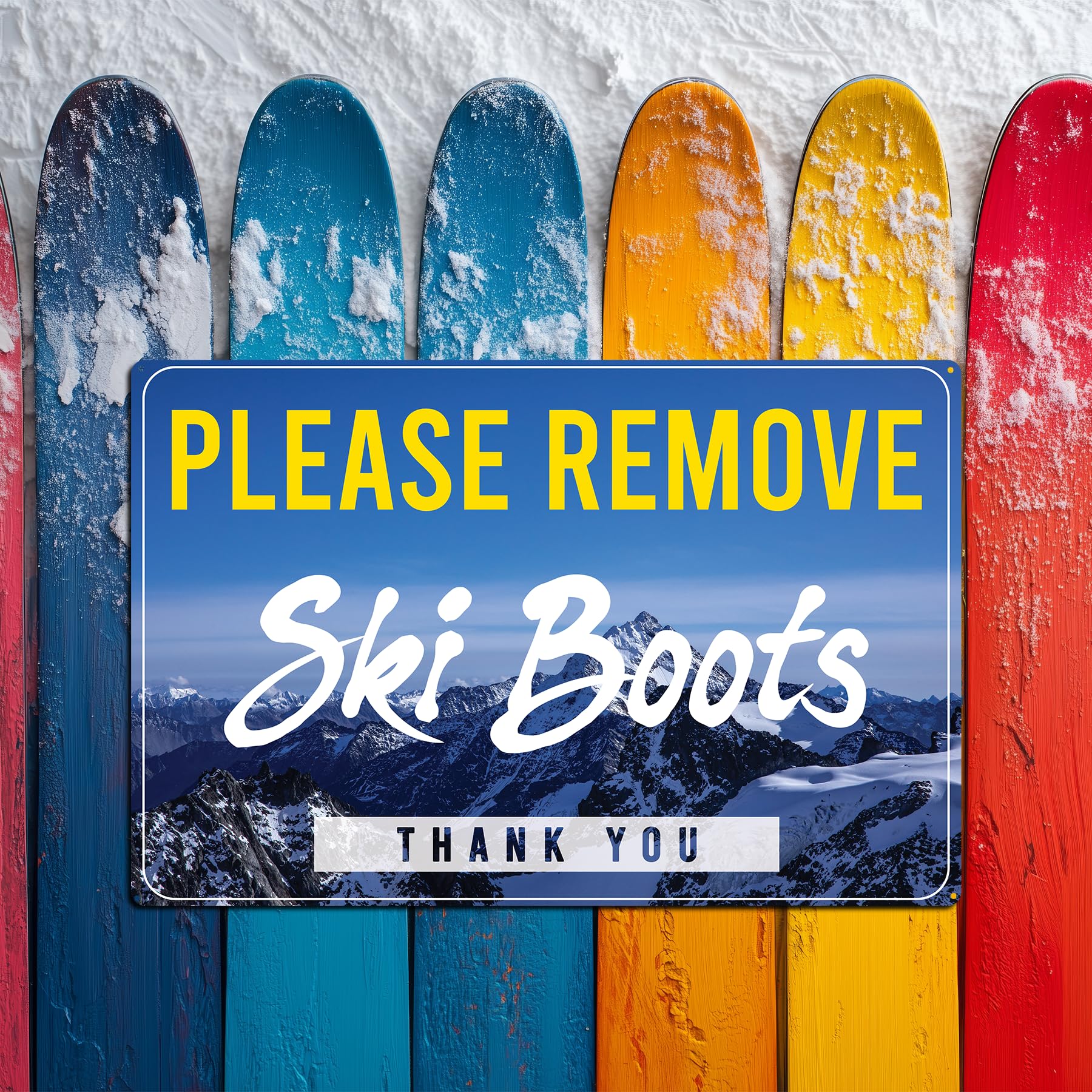 Jp's Parcels White Tin Signs Home Wall Décor |Tin Sign For Skiing Cabin Lodge Decor| Lightweight Aluminum Metal Sign 12 X 8 In. | Ski Shop Condo Time Share Air B&B Rental | Please Remove Ski Boots