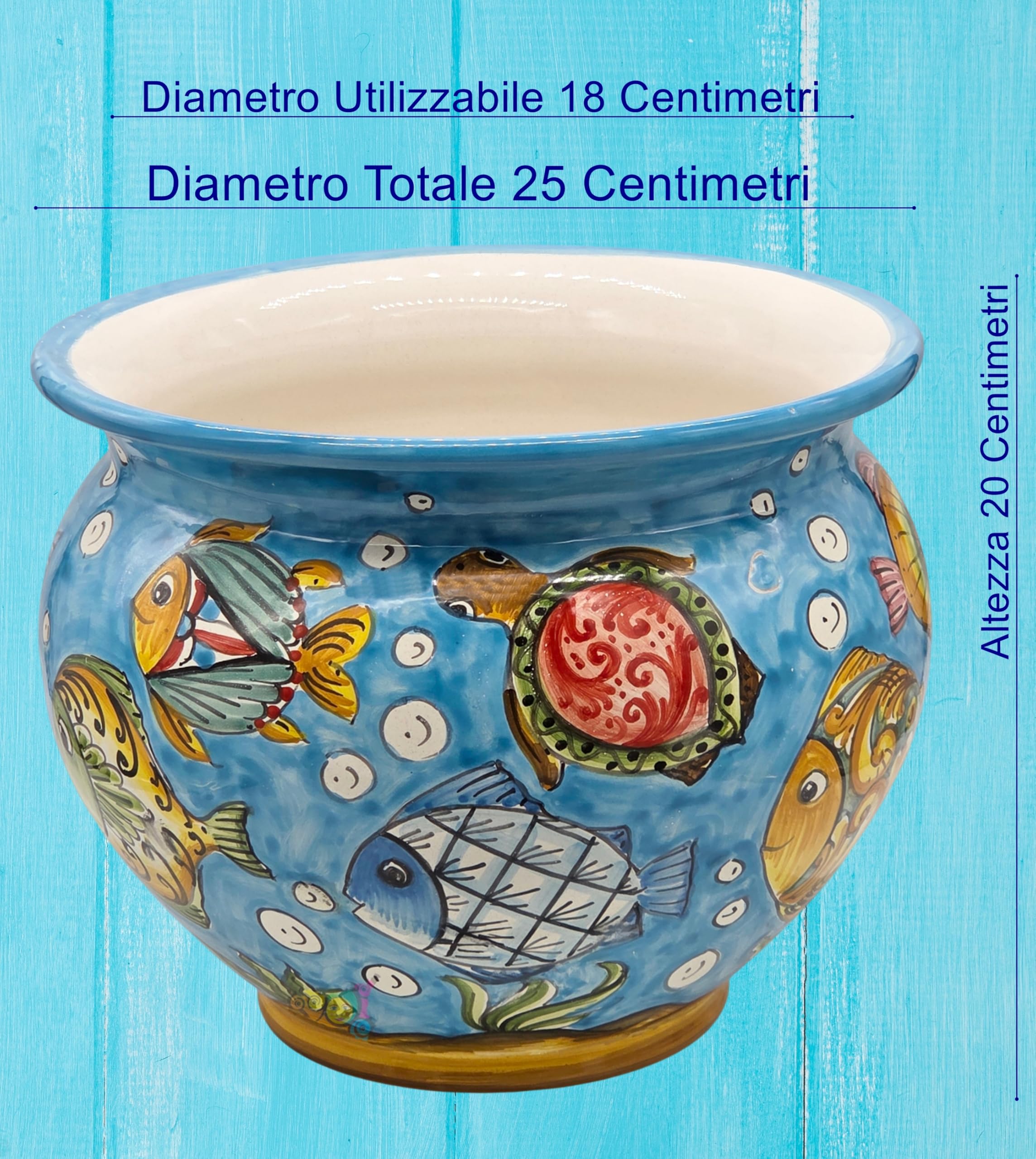 Sicilia Bedda - Vaso in Ceramica di Caltagirone Dipinto a Mano - Soggetto Marino - Diametro 25 Centimetri (Blu)