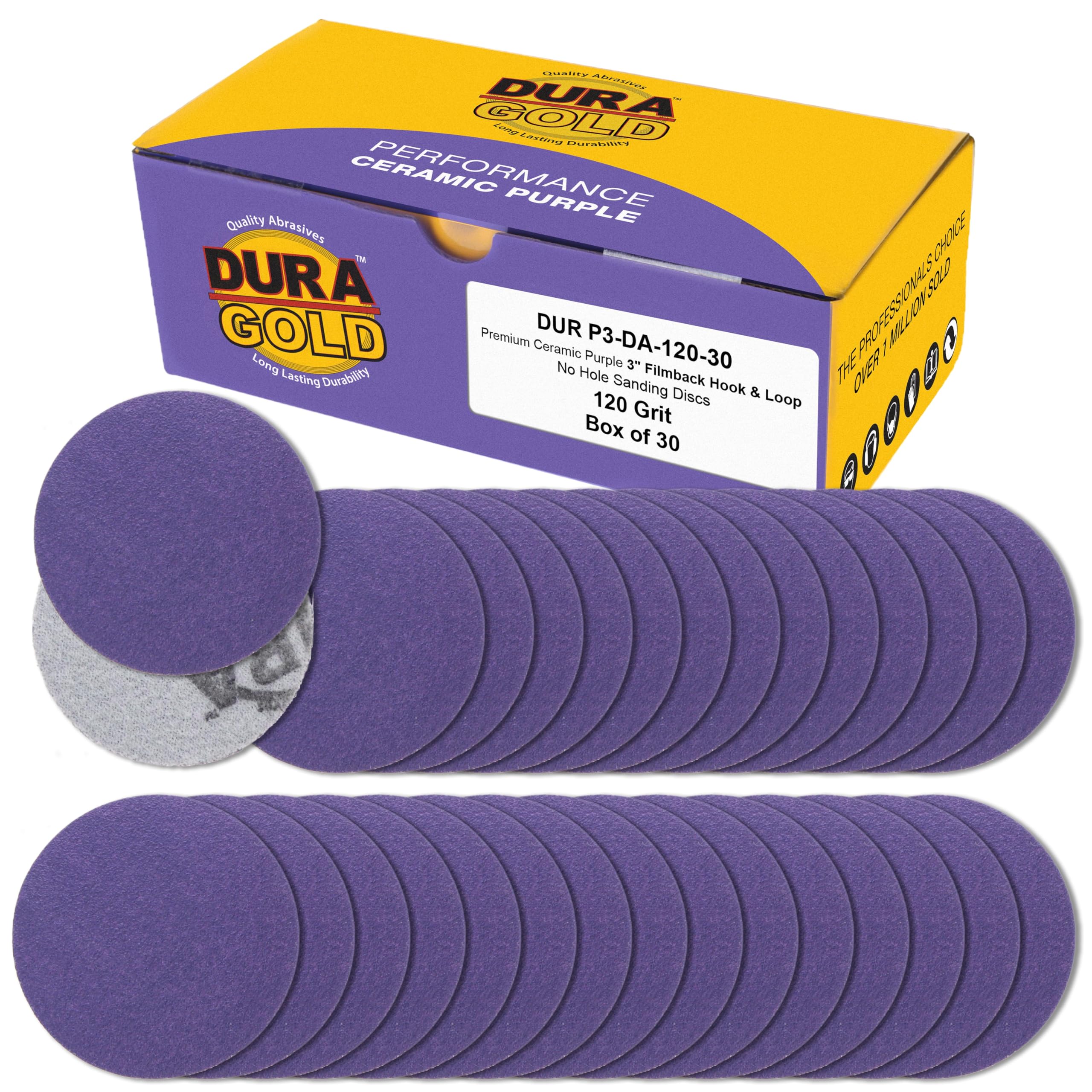 Dura-Gold Premium 120 Grit 3" Purple Film Ceramic Sanding Discs, Box of 30 - Hook & Loop Backing Sandpaper for DA Sander, Drill, Grinder, Rotary Tool