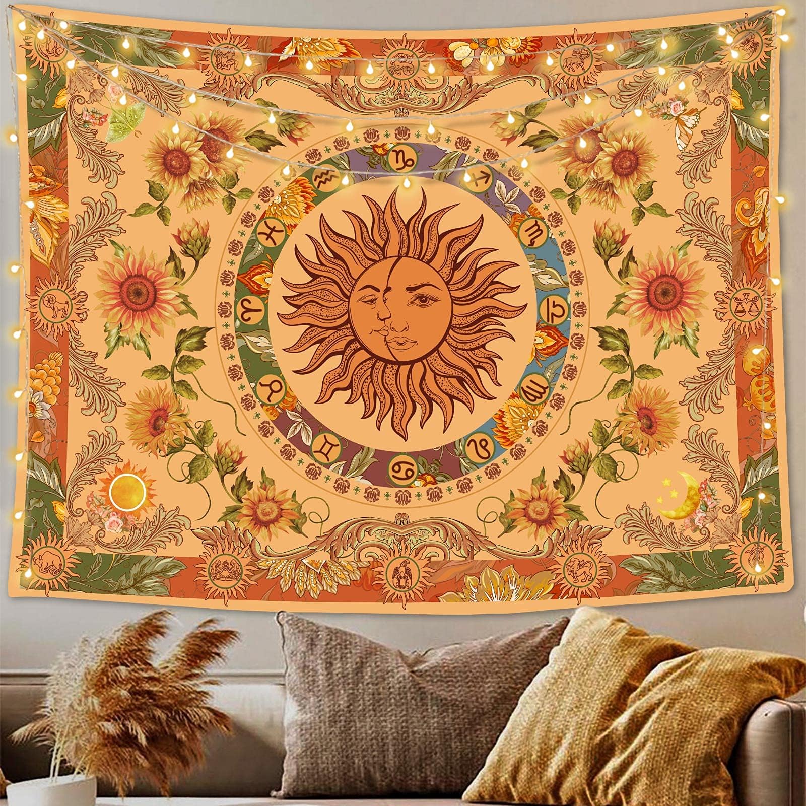 Accnicc Yellow Sun and Moon Tapestry Vintage Indie Boho Tapestry Wall Hanging with Sunflowers Butterfly Moth Constellation Aesthetic Wall Tapestries for Bedroom Dorm Living Room (Orange, 60'' ร 50'')