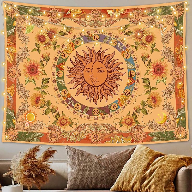 Accnicc Tapiz amarillo de sol y luna, estilo vintage, indie, bohemio, para colgar en la pared, con girasoles, mariposas, polillas, constelación, estéticos, tapices de pared para dormitorio, sala de estar (naranja, 48 x 36 pulgadas)
