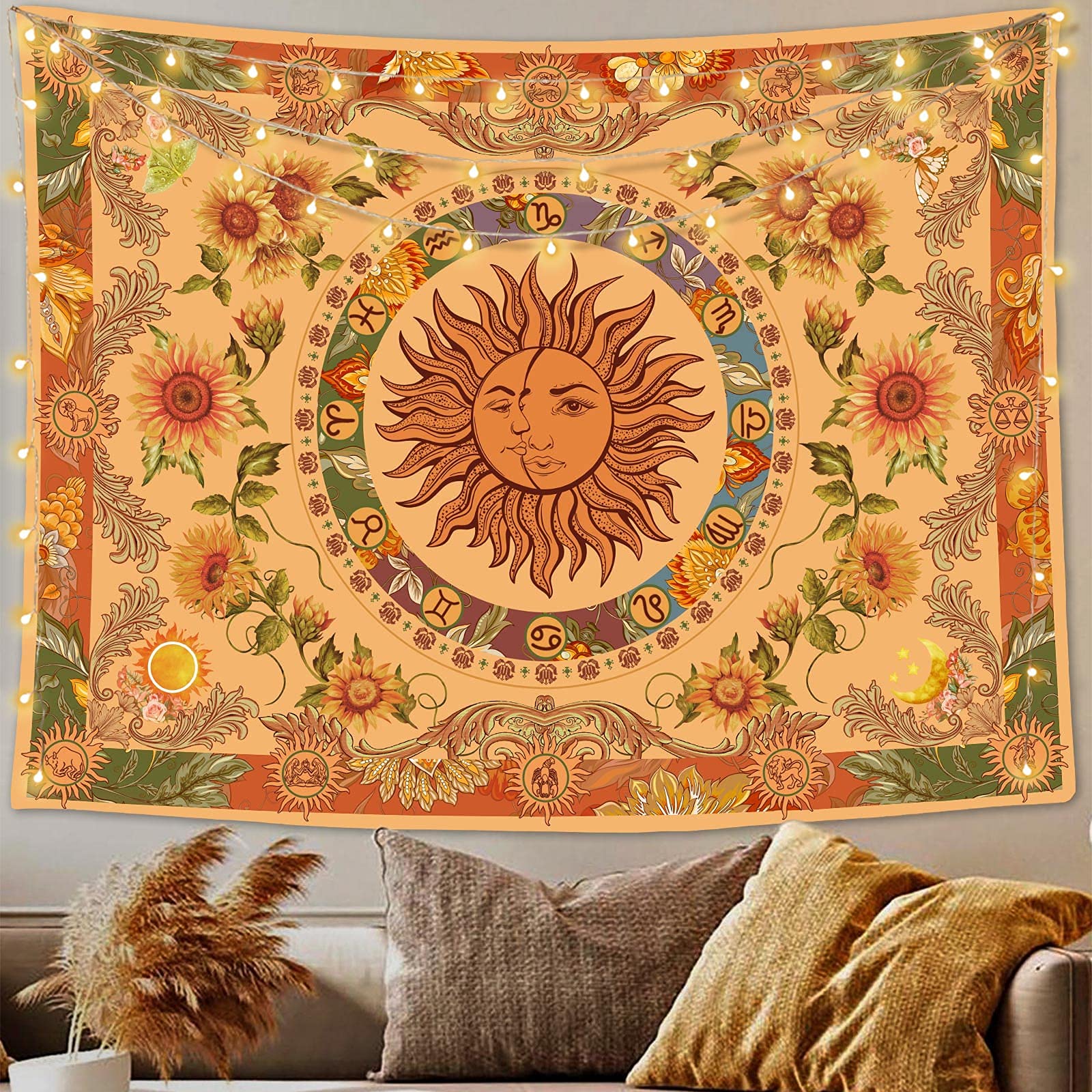 Accnicc Żółty gobelin ze słońcem i księżycem, vintage, indyjski, boho, wiszący gobelin ścienny ze słonecznikami, motylami, konstelacją, estetyczne gobeliny ścienne do sypialni, akademika, salonu